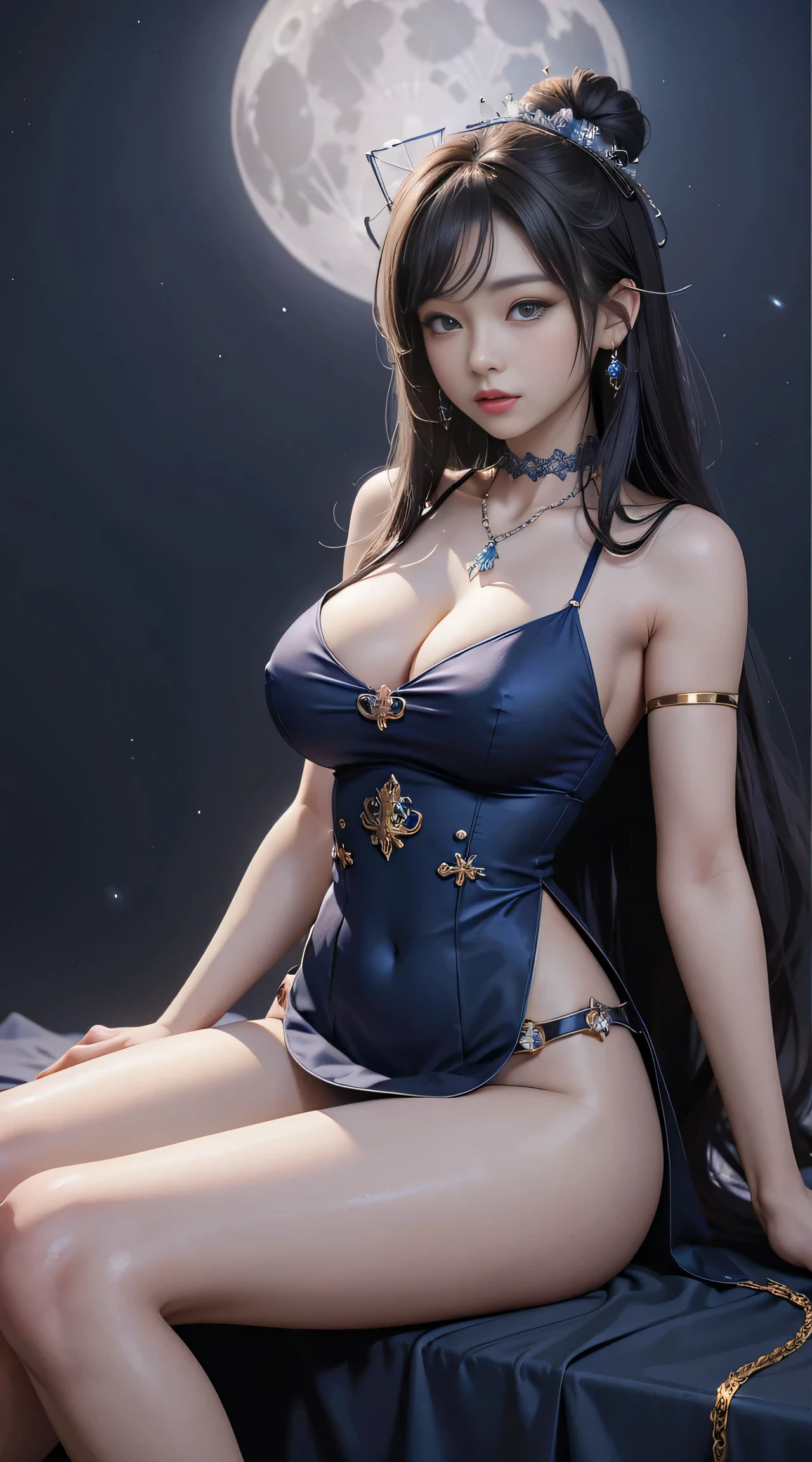 sfw, 4K ultra hd, masterpiece, a cute girl, long hair, princess hairstyle, princess dress, dark blue crystal dress, bare waist, lace, necklace, princess hat, moon background, sitting,, wearing bra,((skinny waist)), young asian girl, ((big breasted)),