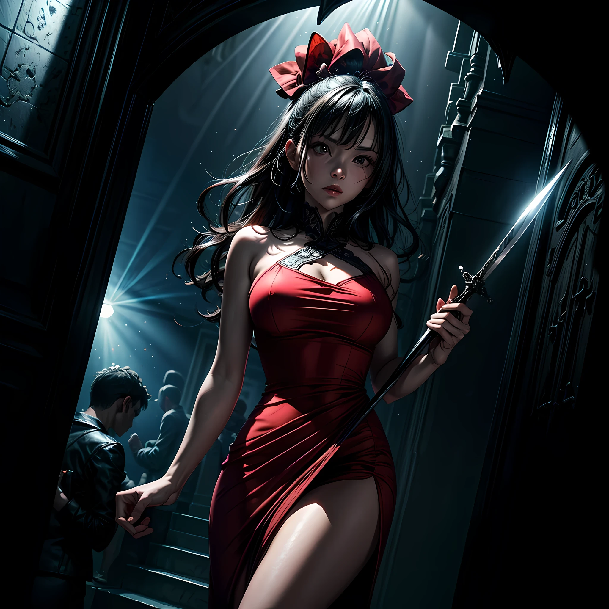 16K, ultra detailed, masterpiece, best quality, (extremely detailed), arafed, action shot, a woman spy, wearing an intricate elegant dress, red dress, sexy dress, holding a (dagger: 1.3) in a cocktail party background, Wide-Angle, Ultra-Wide Angle, 16k, highres, best quality, high details, determined face, god rays, cinematic lighting, glowing light, silhouette, from outside, photorealism, 2.5D