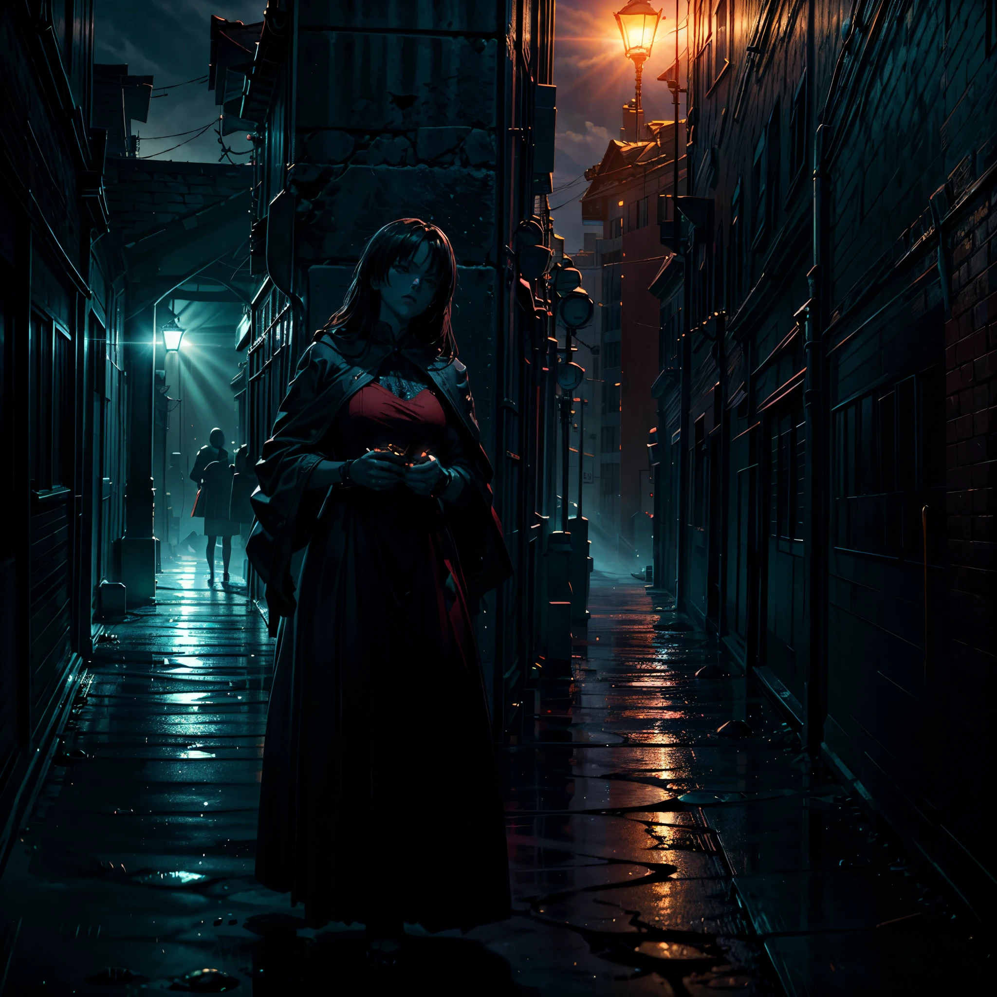 16K, ultra detailed, masterpiece, best quality, (extremely detailed), arafed, action shot, a woman spy, wearing an intricate elegant dress, red dress, sexy dress, holding a (dagger: 1.1) in a cocktail party background, Wide-Angle, Ultra-Wide Angle, 16k, highres, best quality, high details, determined face, god rays, cinematic lighting, glowing light, silhouette, from outside, photorealism