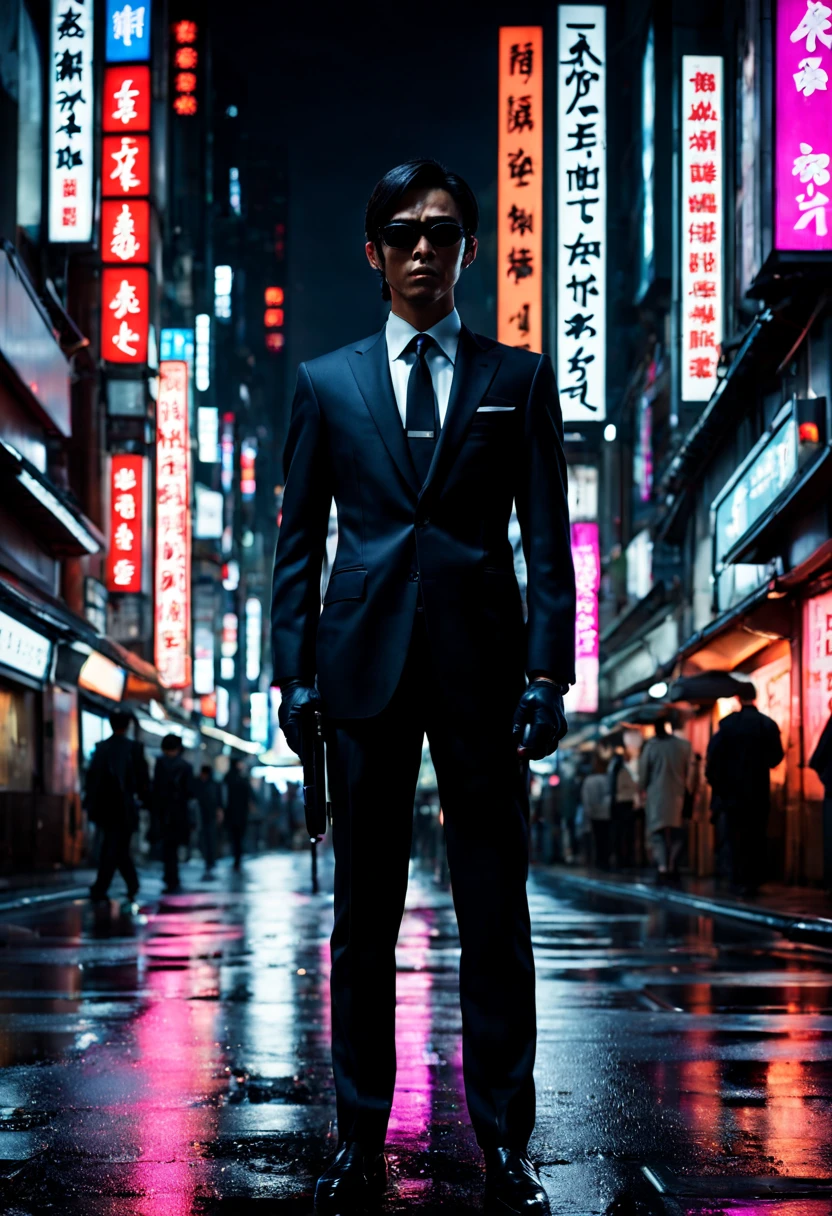 Covert Operative in Neon Tokyo: (sleek:1.3) (secret agent:1.3) in a (tailored suit:1.2) and (sunglasses:1.1), blending into the bustling neon-lit streets of (futuristic Tokyo:1.3). The agent carries a (concealed gadget:1.2) resembling an (ordinary smartphone:1.1) but with (advanced spy tech:1.3). The scene is alive with (vibrant neon signs:1.2) in (Kanji and English:1.1), reflecting off the (wet asphalt:1.1) after a (fresh rainfall:1.1). The (mysterious aura:1.2) of the agent is highlighted by a (discreet earpiece:1.1), while in the background, (shadowy figures:1.2) follow at a distance, barely visible in the (crowded alleyways:1.1).