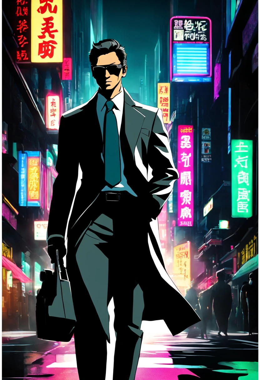 Covert Operative in Neon Tokyo: (sleek:1.3) (secret agent:1.3) in a (tailored suit:1.2) and (sunglasses:1.1), blending into the bustling neon-lit streets of (futuristic Tokyo:1.3). The agent carries a (concealed gadget:1.2) resembling an (ordinary smartphone:1.1) but with (advanced spy tech:1.3). The scene is alive with (vibrant neon signs:1.2) in (Kanji and English:1.1), reflecting off the (wet asphalt:1.1) after a (fresh rainfall:1.1). The (mysterious aura:1.2) of the agent is highlighted by a (discreet earpiece:1.1), while in the background, (shadowy figures:1.2) follow at a distance, barely visible in the (crowded alleyways:1.1).