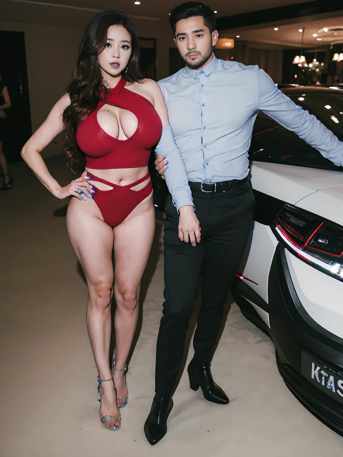 highly detailed ,8k , highest quality, (original photo:1.2),((male and female couple:1.3))、((standing:1.5))、(Boy kisses girl:1.2)、(boy wearing pants、muscular boy、abdominal muscles:1.6)、(The girl is wearing a tight top、huge breasts、Long curly hair、Perfect body、slender legs、Sexy high heels:1.2)。