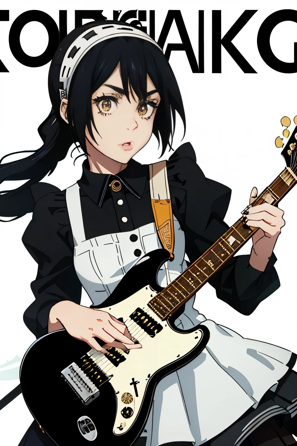 1 girl, neko-chan, (Gothic ta style stage costume), jet black hair, (play electric guitar), ((electric guitar in hand)), best shadow, (highest quality, amazing details:1.25), ((magazine cover)), magazine title, article,