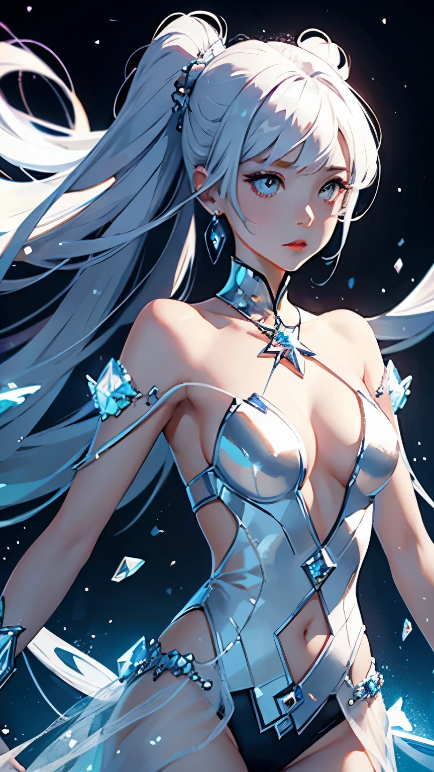 Girl crystal, chipped, shimmering inside, full height, many details, melancholy, Girl composed of crystal, white skin, full length, woman, many colors, not quite human 