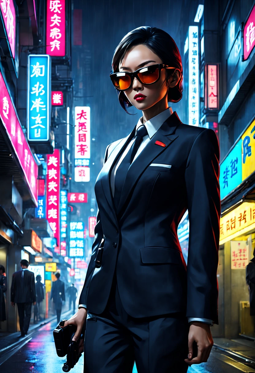 Covert Operative in Neon Tokyo: (sleek:1.3) (secret agent:1.3) in a (tailored suit:1.2) and (sunglasses:1.1), blending into the bustling neon-lit streets of (futuristic Tokyo:1.3). The agent carries a (concealed gadget:1.2) resembling an (ordinary smartphone:1.1) but with (advanced spy tech:1.3). The scene is alive with (vibrant neon signs:1.2) in (Kanji and English:1.1), reflecting off the (wet asphalt:1.1) after a (fresh rainfall:1.1). The (mysterious aura:1.2) of the agent is highlighted by a (discreet earpiece:1.1), while in the background, (shadowy figures:1.2) follow at a distance, barely visible in the (crowded alleyways:1.1).