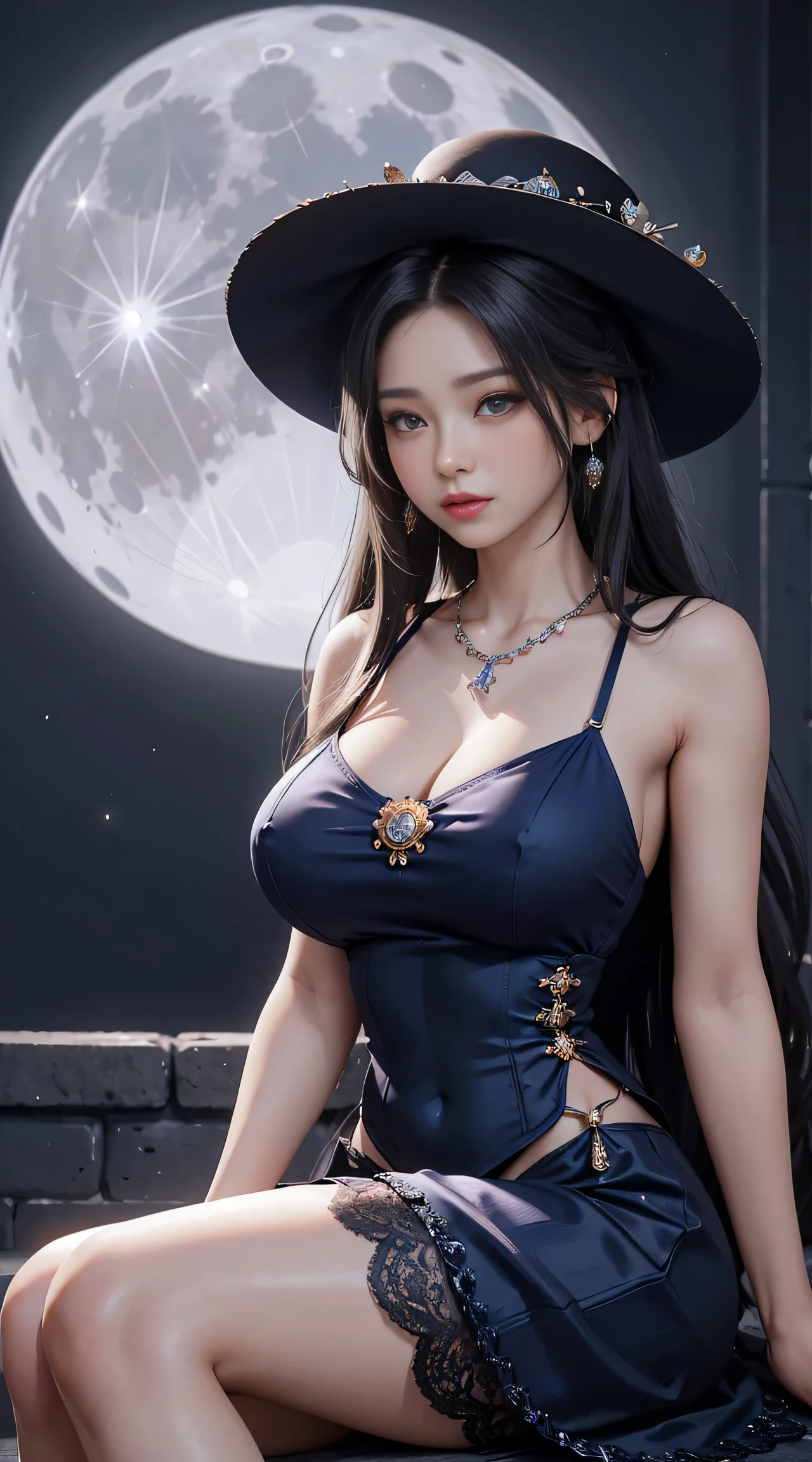 sfw, 4K ultra hd, masterpiece, a cute girl, long hair, princess hairstyle, princess dress, dark blue crystal dress, bare waist, lace, necklace, princess hat, moon background, sitting,, wearing bra,((skinny waist)), young asian girl, ((big breasted)),