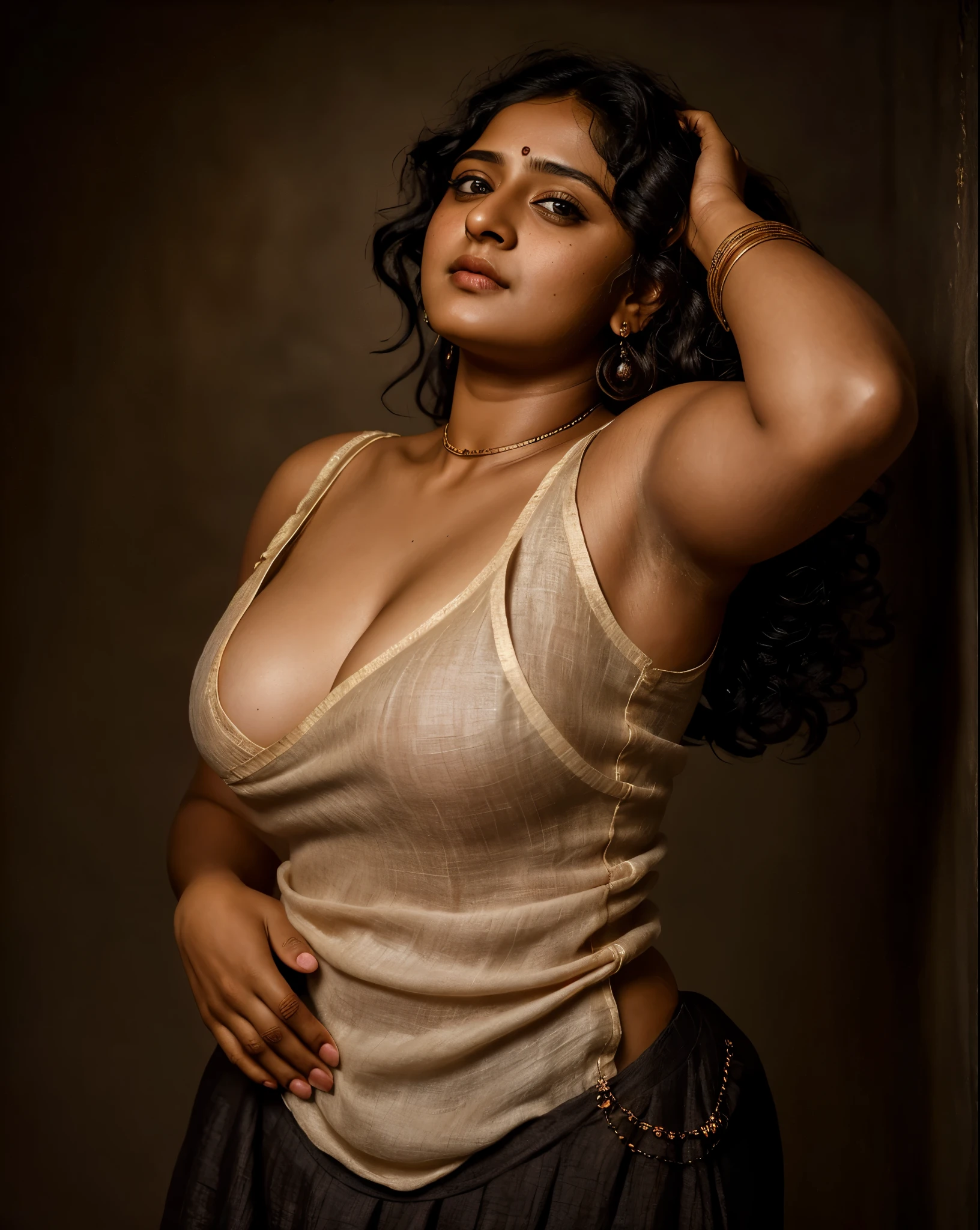 Looks like Anushka Shetty, a photo portrait of a beautiful girl with curls, styled black hair, (face portrait:1.5), dramatic light, Rembrandt lighting scheme, bust shot, linen tank top ,