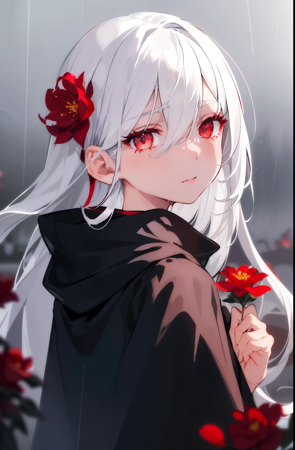 1 girl,One,1 girl,One,((beautiful detailed eyes)), (Detailed light),depth of field,(White hair),silver eyes,hair over one eye,(Red flower ), Hair flower,long hair,Black cloak,wet,emotionless,looking back,night,shooting star,rain,fog,Red flowers falling,Sketch,Upper body,intense shadows,