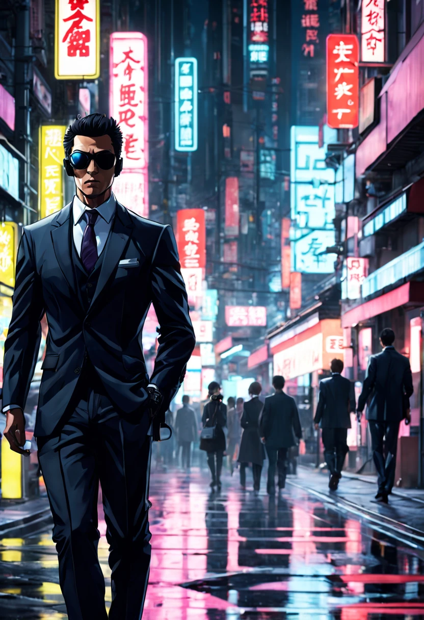 Covert Operative in Neon Tokyo: (sleek:1.3) (secret agent:1.3) in a (tailored suit:1.2) and (sunglasses:1.1), blending into the bustling neon-lit streets of (futuristic Tokyo:1.3). The agent carries a (concealed gadget:1.2) resembling an (ordinary smartphone:1.1) but with (advanced spy tech:1.3). The scene is alive with (vibrant neon signs:1.2) in (Kanji and English:1.1), reflecting off the (wet asphalt:1.1) after a (fresh rainfall:1.1). The (mysterious aura:1.2) of the agent is highlighted by a (discreet earpiece:1.1), while in the background, (shadowy figures:1.2) follow at a distance, barely visible in the (crowded alleyways:1.1).