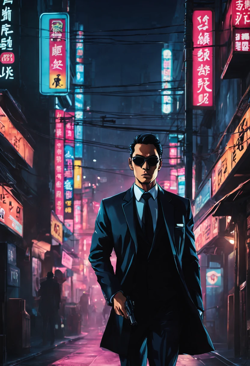 Covert Operative in Neon Tokyo: (sleek:1.3) (secret agent:1.3) in a (tailored suit:1.2) and (sunglasses:1.1), blending into the bustling neon-lit streets of (futuristic Tokyo:1.3). The agent carries a (concealed gadget:1.2) resembling an (ordinary smartphone:1.1) but with (advanced spy tech:1.3). The scene is alive with (vibrant neon signs:1.2) in (Kanji and English:1.1), reflecting off the (wet asphalt:1.1) after a (fresh rainfall:1.1). The (mysterious aura:1.2) of the agent is highlighted by a (discreet earpiece:1.1), while in the background, (shadowy figures:1.2) follow at a distance, barely visible in the (crowded alleyways:1.1).