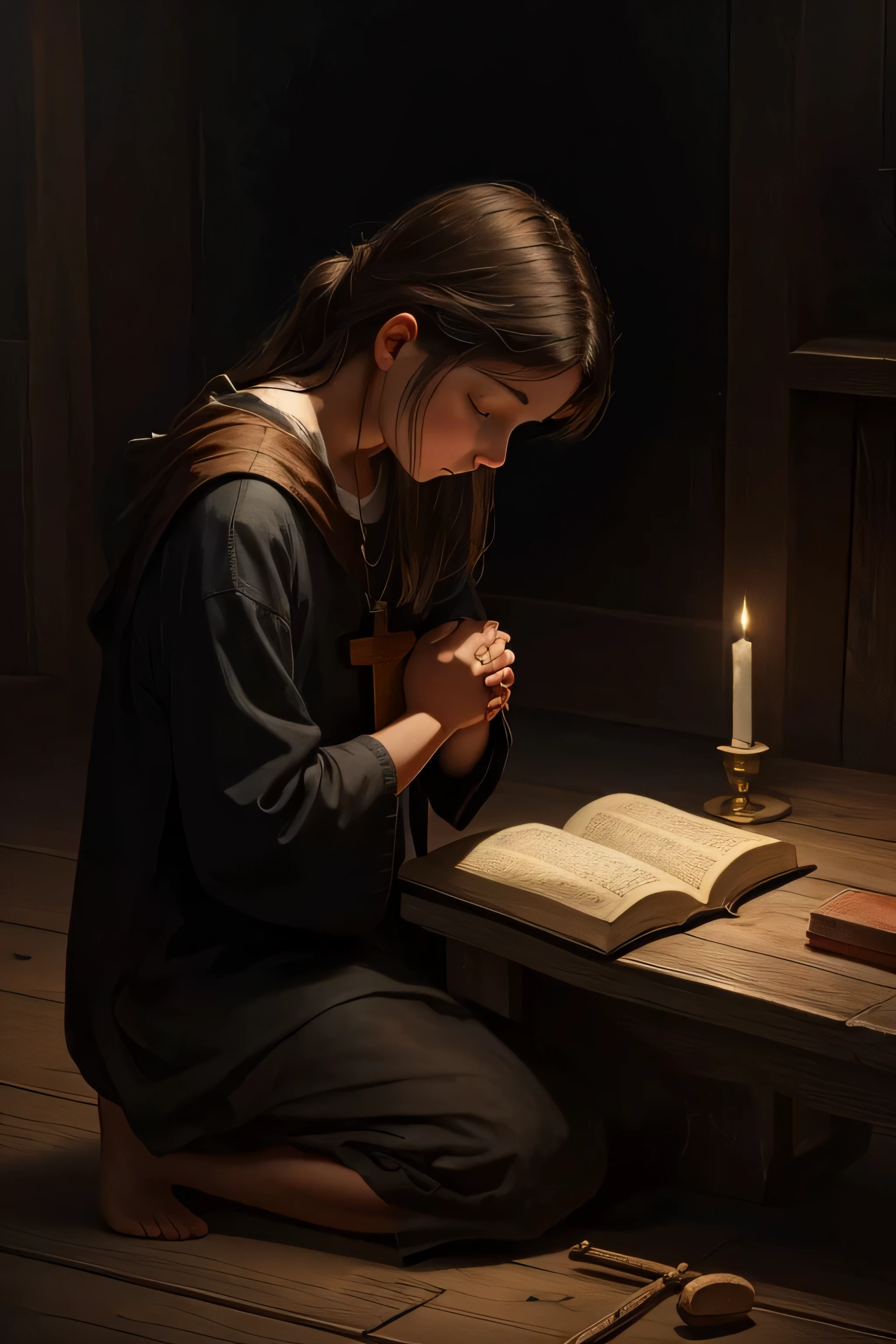 A powerful and emotional painting of a person kneeling in prayer, his hands tightly clasped a worn-out Bible, com uma simples cruz de madeira ao fundo.