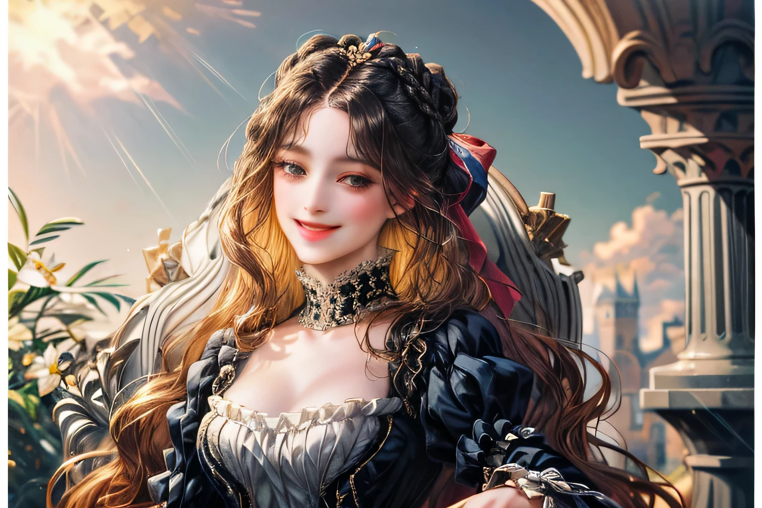 (absurdos, high resolution, ultra detallado), 1 chica, solo, maduro, barroco, vestido largo de flores, manga larga, elegant, vistoso, more detailed, parte superior del cuerpo , pelo negro con peinado victoriano,  peinado victoriano , Cara sonriente,Beautiful castle garden as a background