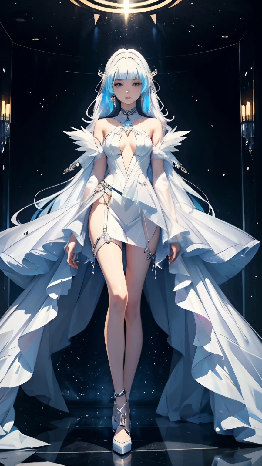 Girl crystal, chipped, shimmering inside, full height, many details, melancholy, Girl composed of crystal, white skin, full length, woman, many colors, not human, Colorful