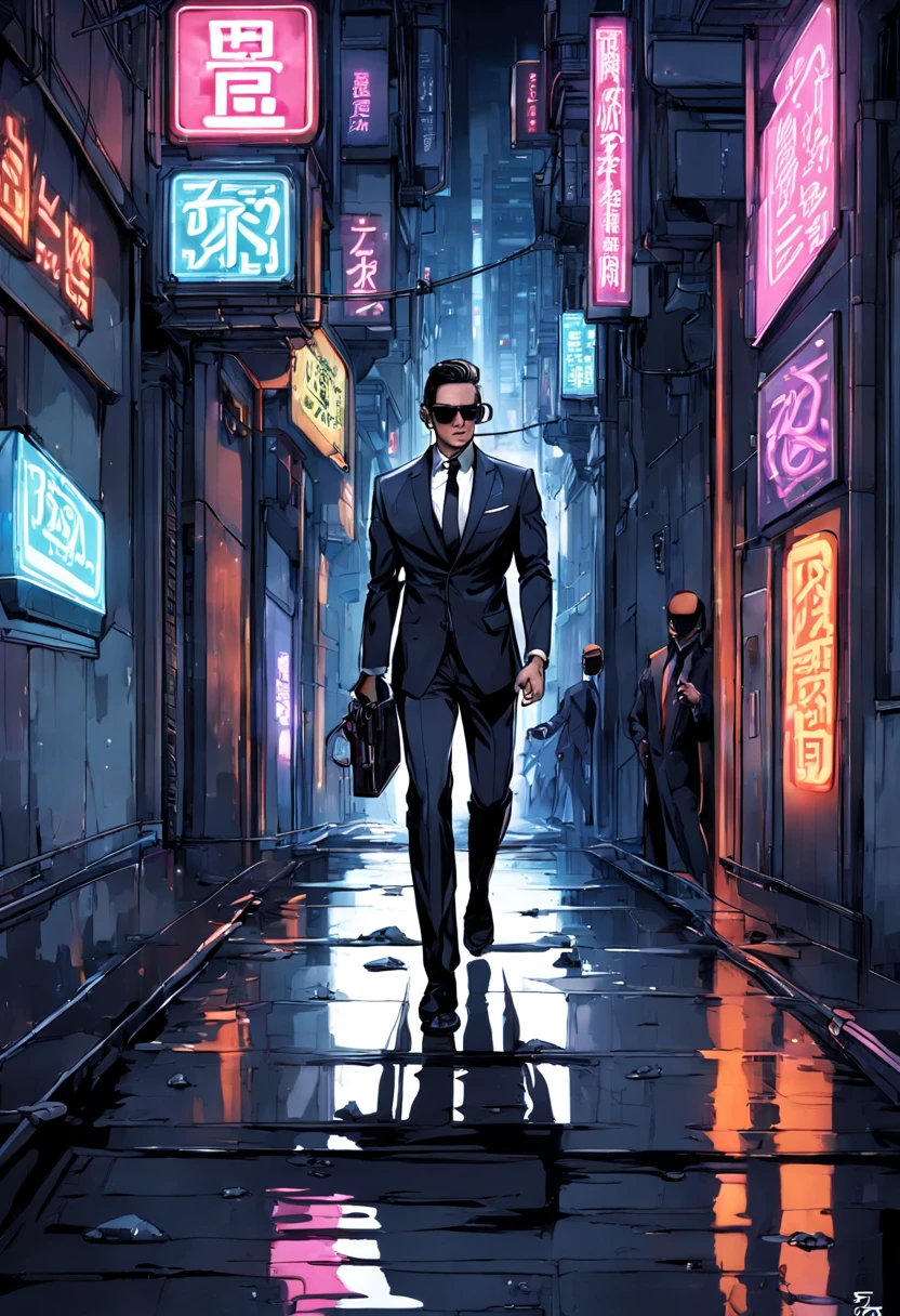 Covert Operative in Neon Tokyo: (sleek:1.3) (secret agent:1.3) in a (tailored suit:1.2) and (sunglasses:1.1), blending into the bustling neon-lit streets of (futuristic Tokyo:1.3). The agent carries a (concealed gadget:1.2) resembling an (ordinary smartphone:1.1) but with (advanced spy tech:1.3). The scene is alive with (vibrant neon signs:1.2) in (Kanji and English:1.1), reflecting off the (wet asphalt:1.1) after a (fresh rainfall:1.1). The (mysterious aura:1.2) of the agent is highlighted by a (discreet earpiece:1.1), while in the background, (shadowy figures:1.2) follow at a distance, barely visible in the (crowded alleyways:1.1).