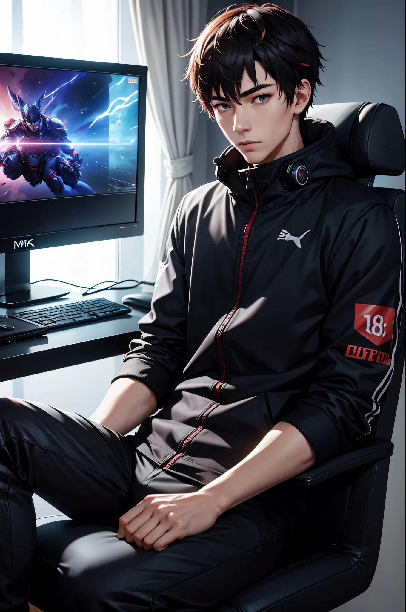 (a man,20 years old, gamer, streamer, anime style:1.1),(best quality,8k,highres,realistic:1.2): Sitting in front of his gaming setup, a young man, 20 years old, with a passion for gaming, wears a stylish headset on his head, creating an immersive experience. The anime-style artistry brings vibrant colors and vivid details to life, enhancing the visual appeal of the scene. The high-quality rendering in 8k resolution showcases the fine details of the character, highlighting every line and curve. The lighting is perfect, capturing the essence of a gaming streamer's room with studio-like precision. The overall composition is kept simple and minimalist, allowing the focus to be on the character and his gaming setup.