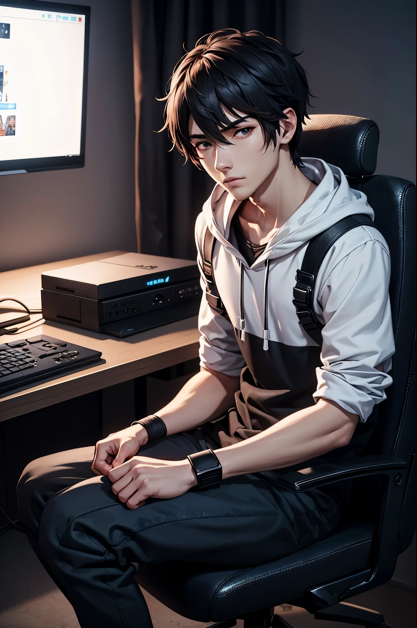 (a man,20 years old, gamer, streamer, anime style:1.1),(best quality,8k,highres,realistic:1.2): Sitting in front of his gaming setup, a young man, 20 years old, with a passion for gaming, wears a stylish headset on his head, creating an immersive experience. The anime-style artistry brings vibrant colors and vivid details to life, enhancing the visual appeal of the scene. The high-quality rendering in 8k resolution showcases the fine details of the character, highlighting every line and curve. The lighting is perfect, capturing the essence of a gaming streamer's room with studio-like precision. The overall composition is kept simple and minimalist, allowing the focus to be on the character and his gaming setup.