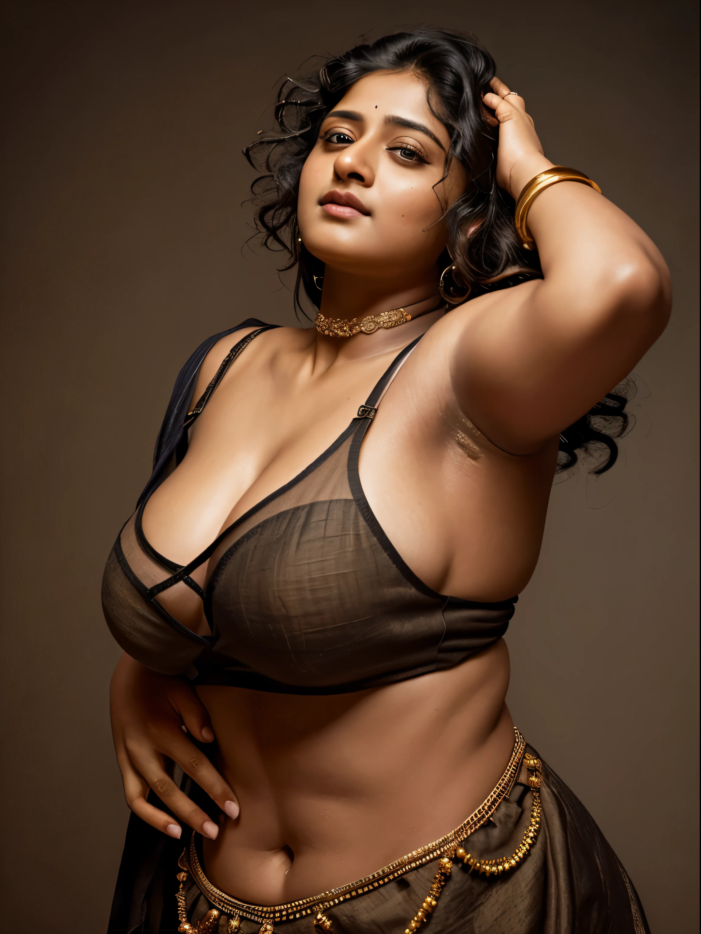 Looks like Anushka Shetty, a photo portrait of a beautiful girl with curls, styled black hair, (face portrait:1.5), dramatic light, Rembrandt lighting scheme, bust shot, linen tank top ,