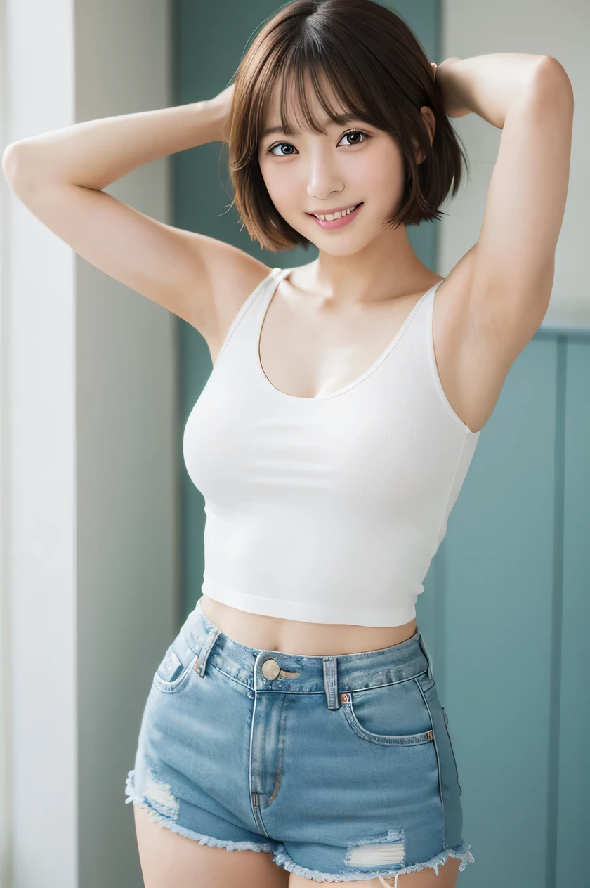 (one girl:1.3), Short hair, Amazing face and eyes, Looking at the camera, Smile full of joy、show teeth、Raise your hands behind your head、Show the armpits、(denim shorts1.2),(Best Quality:1.4), extremely detailed CG unified 8k wallpaper, Highly detailed, High-definition raw color photos, professional photograpy, Realistic full-body shots, Filming in the studio、Plain wallpaper, sexy portrait of girl, Open exterior