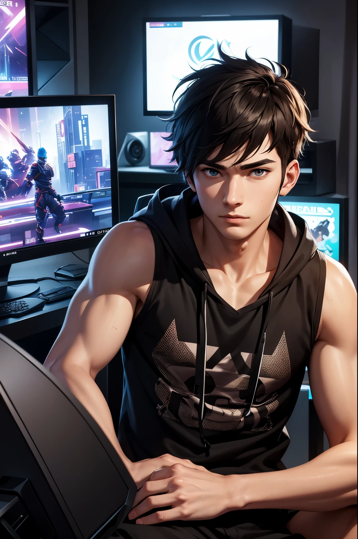 A burly young man with short black hair，Rough face，wearing black clothes，Play with your phone in the esports arena