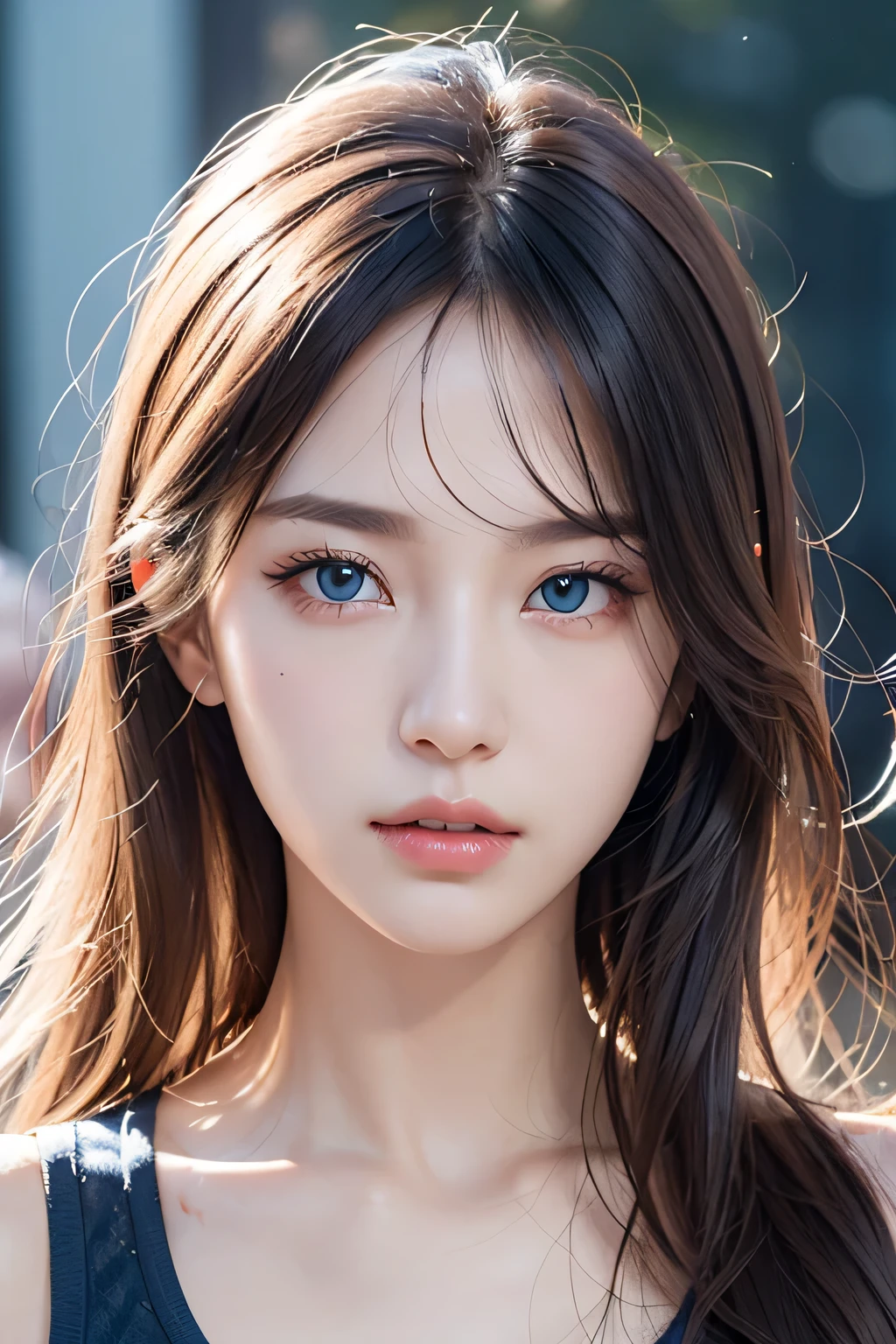 ８ｋ、High resolution、punk fashion、beautiful girl、Android Body、young、white skin,、narrow eyes,high nose,lighting that illuminates the face、clear image、intellectual beauty、skinny、no makeup、anxious look、lighting that illuminates the face,shining hair、single eyelid,blue eyes