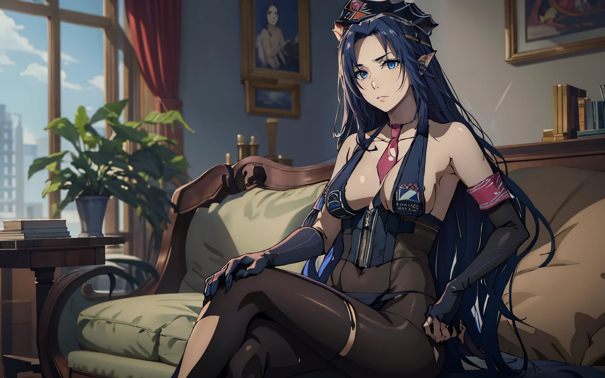 dark-blue hair,long hair,pointy ears,anatomically correct, best quality, masterpiece, high quality, high details, highres, HD, (shaded face:1.2), hollow eyes, blue eyes, looking at viewer, heavy breathing, smirk, uppert teeth, breasts, 1girl, long_hair, large_breasts, sitting, looking_at_viewer, indoors, chair, crossed_legs, solo, outfit-sess, torn bodystocking, police hat, pink Necktie, armband, fingerless gloves
