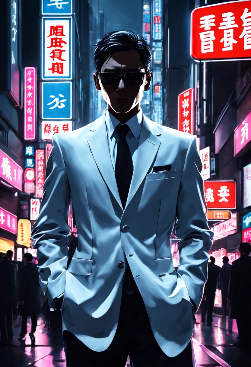 Covert Operative in Neon Tokyo: (sleek:1.3) (secret agent:1.3) in a (tailored suit:1.2) and (sunglasses:1.1), blending into the bustling neon-lit streets of (futuristic Tokyo:1.3). The agent carries a (concealed gadget:1.2) resembling an (ordinary smartphone:1.1) but with (advanced spy tech:1.3). The scene is alive with (vibrant neon signs:1.2) in (Kanji and English:1.1), reflecting off the (wet asphalt:1.1) after a (fresh rainfall:1.1). The (mysterious aura:1.2) of the agent is highlighted by a (discreet earpiece:1.1), while in the background, (shadowy figures:1.2) follow at a distance, barely visible in the (crowded alleyways:1.1).