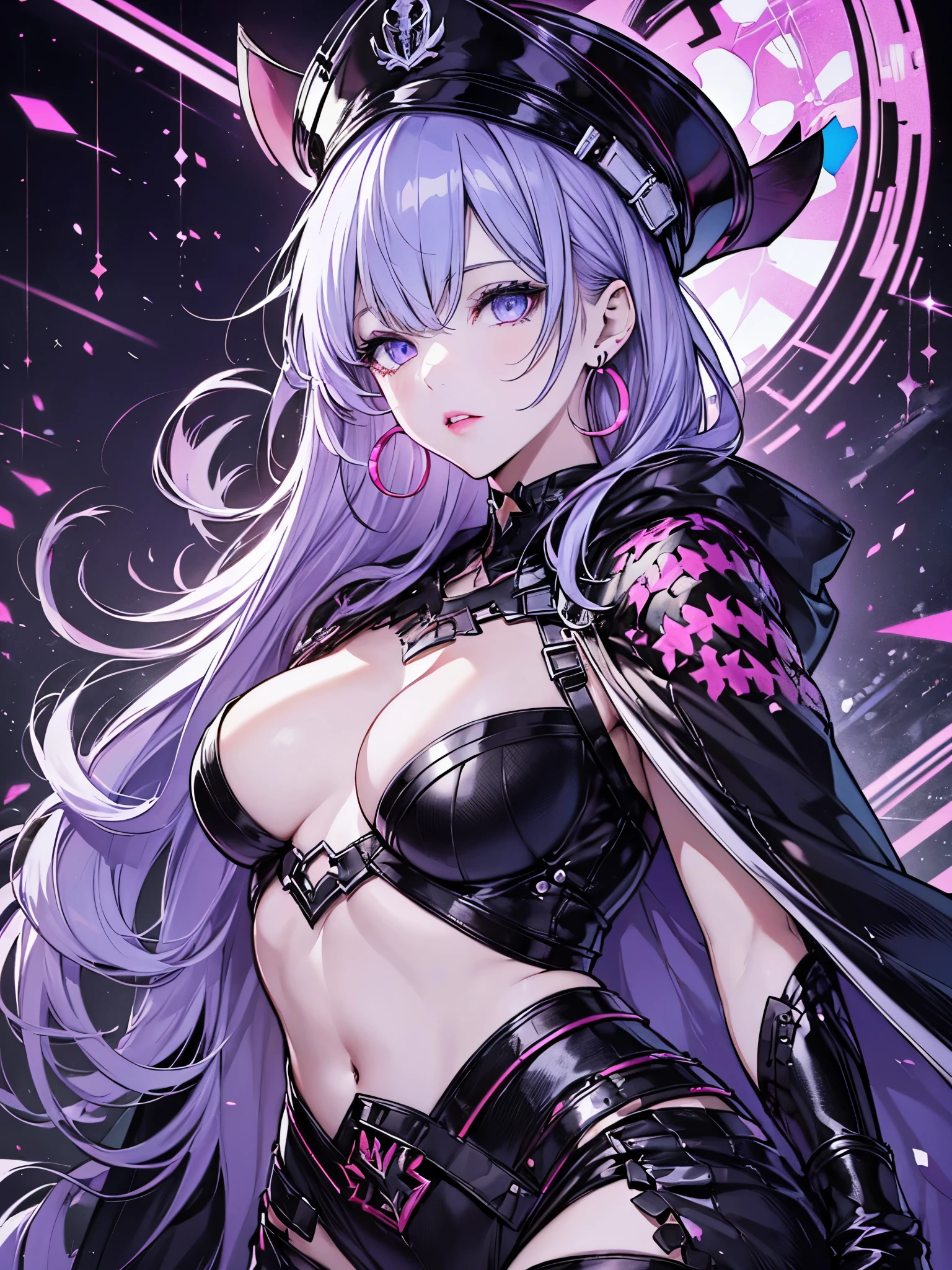 scene:0.9, (masterpiece), highest quality, (((super detailed, 8K quality))), looking at the viewer,,hair above one eye, red eyes, clear eyes, choker, neon shirt, purple pirate costume,Captain's Hat、Cloak in military uniform,sea tribe, shineing grafiti, shineing tattoos, shine, neon light, Black light,anime style, movieポートレート写真, 1 female, Full body Esbian,blue eye background, naval battle、big and full breasts, anger, (scarlet hair), long hair, purple eyes, wearing a short black dress, (natural skin texture vivid details, surreal, (realistic detailed eyes, natural skin texture, realistic facial details), soft and dramatic lighting, Depth of written boundary, Bokeh, vivid details, surreal, 35mm movie, hazy blur, movie,lipstick, ear piercing, eye shadow, hoop earrings, red pink lips, 多色のred eyes, purple theme,Wear an iridescent aura,beautiful eyes,,bold pose、decide on a pose,upper ponytail,hanging bangs
