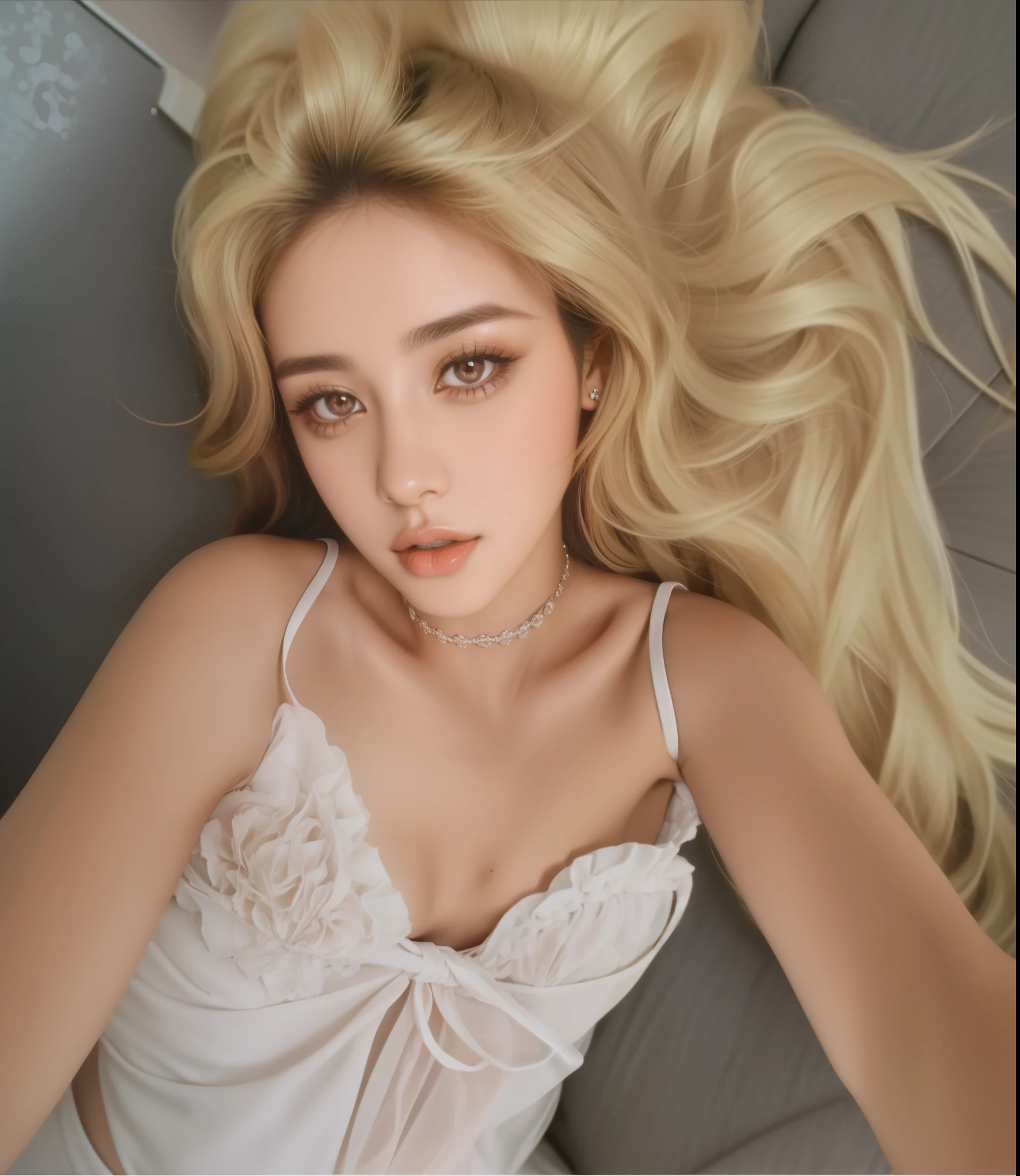 Mujer con cabello largo rizado, cabello rubio, mujer tirada en el suelo, selfie, collar de perlas, diosa, pale skin, Camila Cabello, foxy eyes, modelo, mujer perfecta, pechos perfectos 
