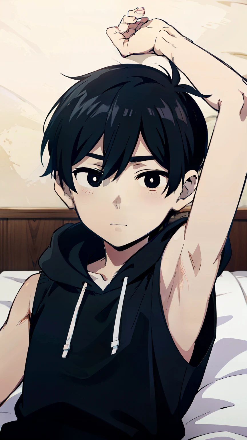 Anime style, monochrome,tcoaal, solo, looking at viewer, short hair, 1boy, Omori, Shota, closed mouth,black hair, (Armpit:1.3), Sleeveless hoodie, Seen from above, Sleeping on the bed, male focus, Simple background, bright pupils, outline, white pupils, Black hoodie, white outline,