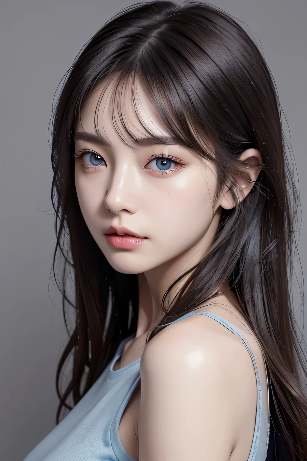 ８ｋ、High resolution、punk fashion、beautiful girl、Android Body、young、white skin,、narrow eyes,high nose,lighting that illuminates the face、clear image、intellectual beauty、skinny、no makeup、anxious look、lighting that illuminates the face,shining hair、single eyelid,blue eyes