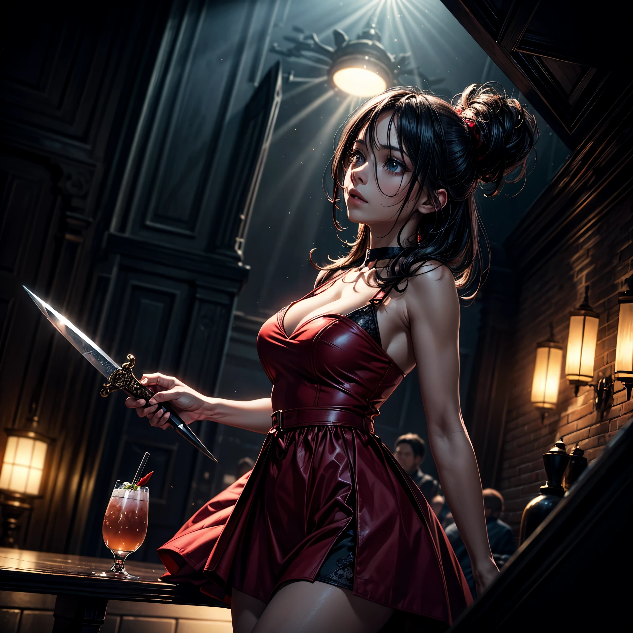 16K, ultra detailed, masterpiece, best quality, (extremely detailed), arafed, action shot, a woman spy, wearing an intricate elegant dress, red dress, sexy dress, holding a (dagger: 1.3) in a elegant, high class cocktail party background, Wide-Angle, Ultra-Wide Angle, 16k, highres, best quality, high details, determined face, god rays, cinematic lighting, glowing light, silhouette, from outside, photorealism, 2.5D