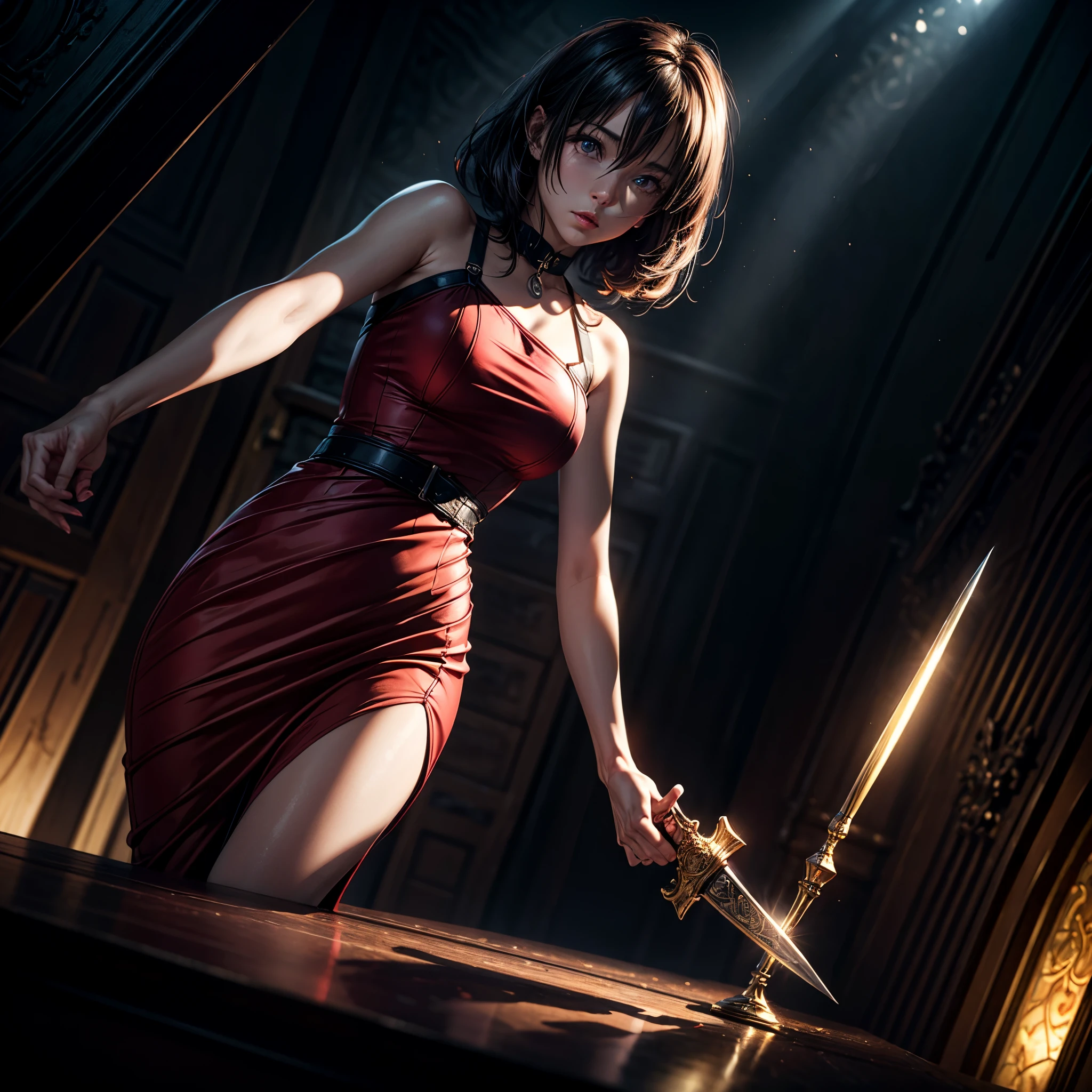 16K, ultra detailed, masterpiece, best quality, (extremely detailed), arafed, action shot, a woman spy, wearing an intricate elegant dress, red dress, sexy dress, holding a (dagger: 1.3) in a elegant, high class cocktail party background, Wide-Angle, Ultra-Wide Angle, 16k, highres, best quality, high details, determined face, god rays, cinematic lighting, glowing light, silhouette, from outside, photorealism, 2.5D