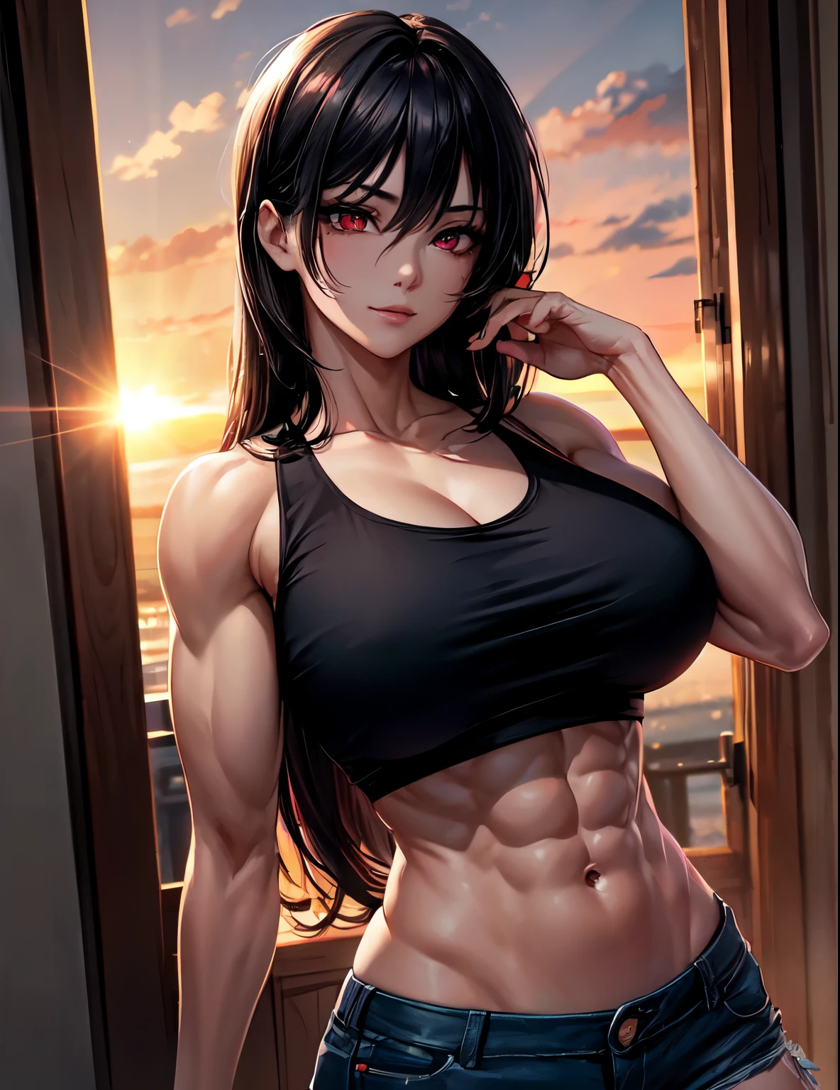 4k,  ,Lens flare, black hair ,mascara, eyeliner, god rays, 4k, 8k, best quality, masterpiece, hyper detailed, intricate detail, eyes aligned, long hair, tank top, massive breasts, window, smug, red eyes, muscles, abs, sunset, glowing eyes