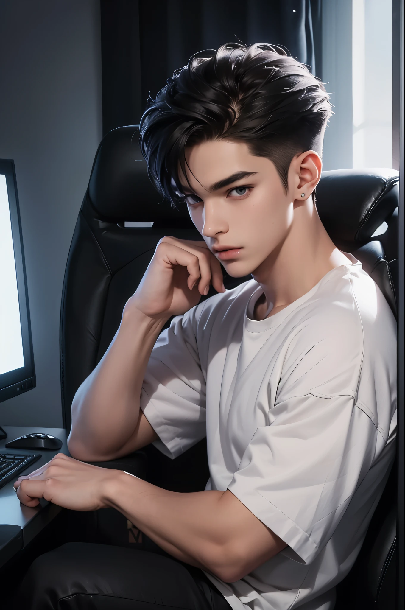 (a man,20 years old, gamer, streamer, anime style:1.1),(best quality,8k,highres,realistic:1.2): Sitting in front of his gaming setup, a young man, 20 years old, with a passion for gaming, wears a stylish headset on his head, creating an immersive experience. The anime-style artistry brings vibrant colors and vivid details to life, enhancing the visual appeal of the scene. The high-quality rendering in 8k resolution showcases the fine details of the character, highlighting every line and curve. The lighting is perfect, capturing the essence of a gaming streamer's room with studio-like precision. The overall composition is kept simple and minimalist, allowing the focus to be on the character and his gaming setup.