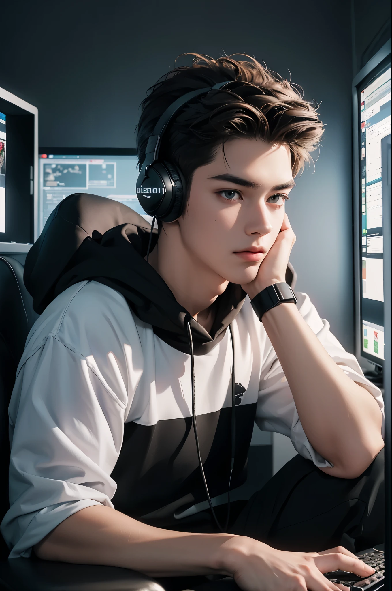 (a man,20 years old, gamer, streamer, anime style:1.1),(best quality,8k,highres,realistic:1.2): Sitting in front of his gaming setup, a young man, 20 years old, with a passion for gaming, wears a stylish headset on his head, creating an immersive experience. The anime-style artistry brings vibrant colors and vivid details to life, enhancing the visual appeal of the scene. The high-quality rendering in 8k resolution showcases the fine details of the character, highlighting every line and curve. The lighting is perfect, capturing the essence of a gaming streamer's room with studio-like precision. The overall composition is kept simple and minimalist, allowing the focus to be on the character and his gaming setup.