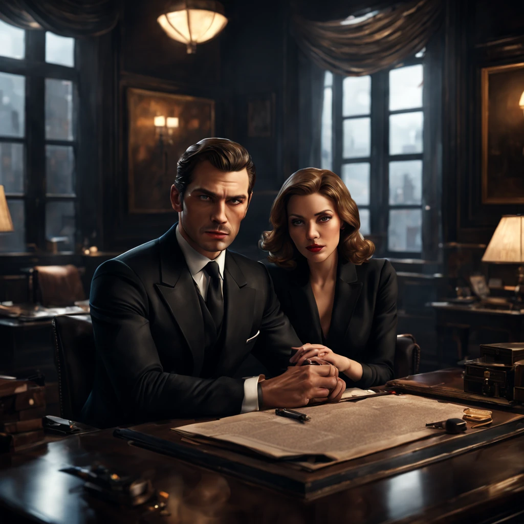 a couple sitting in a spy-themed room, a charming and mysterious setting, with dim lighting and secret files on the table, (best quality, highres), their faces fully detailed and expressive, (realistic:1.37), the woman with beautiful detailed eyes and lips, the man with a strong and determined expression, wearing sleek black suits, (photorealistic:1.37)。