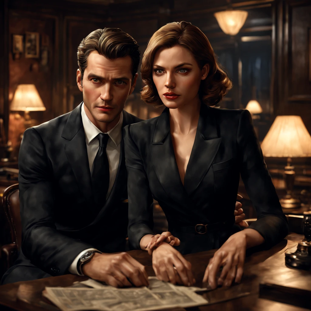 a couple sitting in a spy-themed room, a charming and mysterious setting, with dim lighting and secret files on the table, (best quality, highres), their faces fully detailed and expressive, (realistic:1.37), the woman with beautiful detailed eyes and lips, the man with a strong and determined expression, wearing sleek black suits, (photorealistic:1.37)。