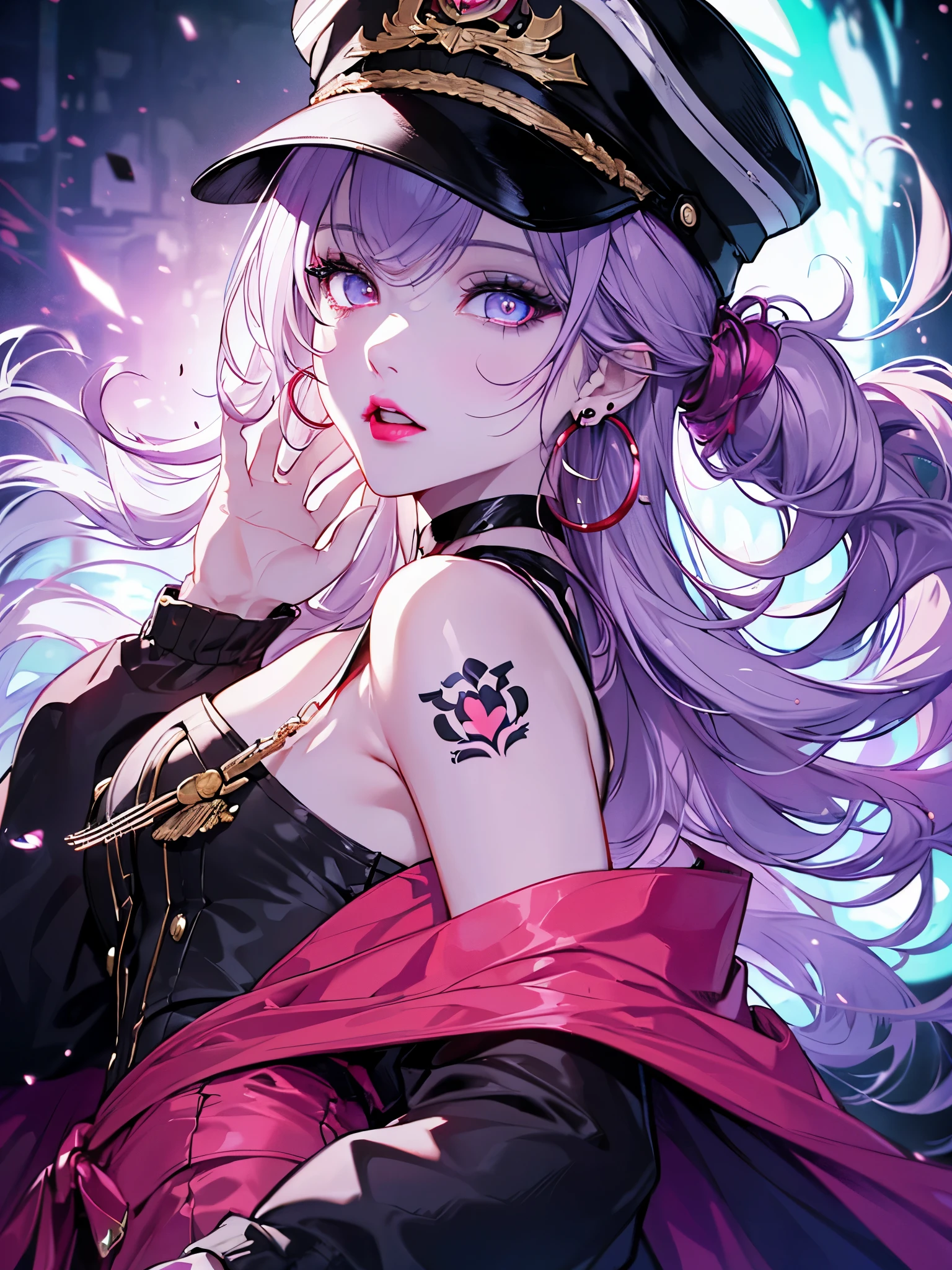 scene:0.9, (masterpiece), highest quality, (((super detailed, 8K quality))), looking at the viewer,,hair above one eye, red eyes, clear eyes, choker, neon shirt, purple pirate costume,Captain's Hat、Cloak in military uniform,sea tribe, shineing grafiti, shineing tattoos, shine, neon light, Black light,anime style, movieポートレート写真, 1 female, Full body Esbian,blue eye background, naval battle、big and full breasts, anger, (scarlet hair), long hair, purple eyes, wearing a short black dress, (natural skin texture vivid details, surreal, (realistic detailed eyes, natural skin texture, realistic facial details), soft and dramatic lighting, Depth of written boundary, Bokeh, vivid details, surreal, 35mm movie, hazy blur, movie,lipstick, ear piercing, eye shadow, hoop earrings, red pink lips, 多色のred eyes, purple theme,Wear an iridescent aura,beautiful eyes,,bold pose、decide on a pose,upper ponytail,hanging bangs