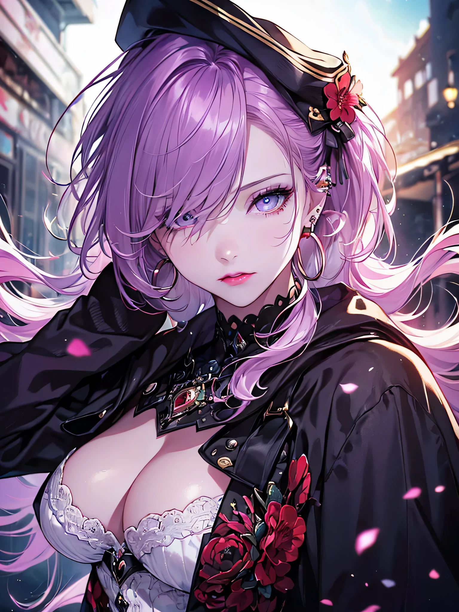 scene:0.9, (masterpiece), highest quality, (((Super detailed, 8K quality))), looking at the viewer,,hair above one eye, red eyes, clear eyes, choker, neon shirt, purple pirate costume,captain's hat、Cloak in military uniform,sea tribe, shineing grafiti, shineing tattoos, shine, neon light, Black light,anime style, movieポートレート写真, 1 female, Full body Esbian,blue eye background, naval battle、big and full breasts, anger, (scarlet hair), long hair, purple eyes, wearing a short black dress, (natural skin texture vivid details, surreal, (realistic detailed eyes, natural skin texture, realistic facial details), soft and dramatic lighting, Depth of written boundary, Bokeh, vivid details, surreal, 35mm movie, hazy blur, movie,lipstick, ear piercing, eye shadow, hoop earrings, red pink lips, 多色のred eyes, purple theme,Wear an iridescent aura,beautiful eyes,,bold pose、decide on a pose,upper ponytail,hanging bangs