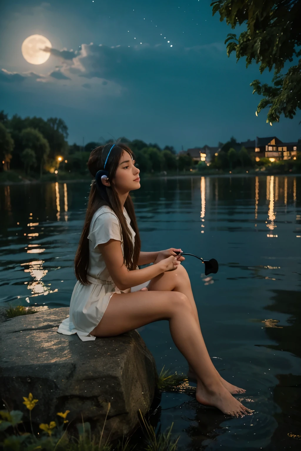 A girl with long hairs is sitting on a stone beside a lake. She is wearing a headphone and holding a fishing rode to get fishes from the water. Across from the lake there are trees and a few buildings. The sky is full of stars and a big and bright moon is visible. The moon light reflects on the lake water. It is overall a very romantic atmosphere around.