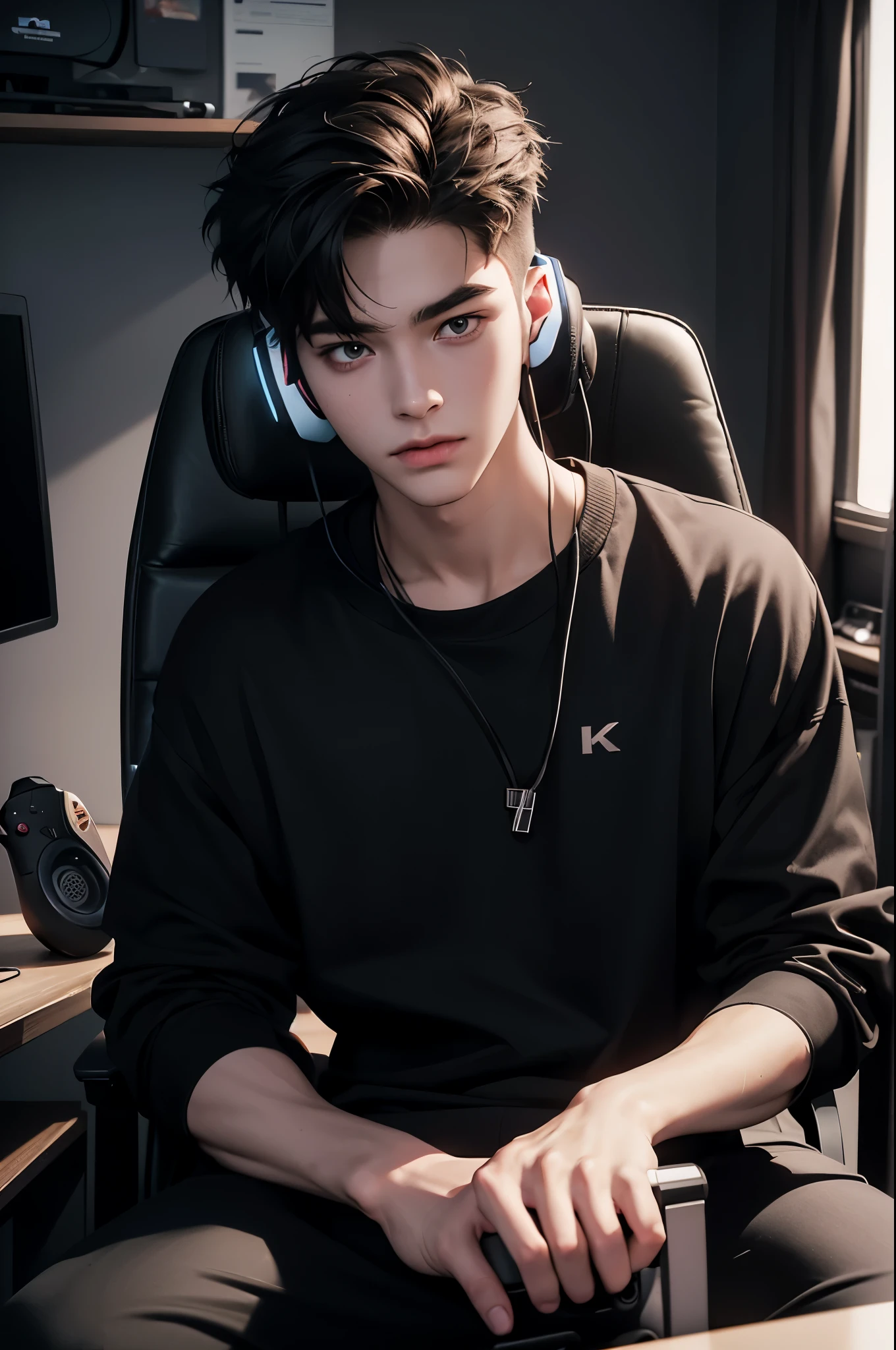 (a man,20 years old, gamer, streamer, anime style:1.1),(best quality,8k,highres,realistic:1.2): Sitting in front of his gaming setup, a young man, with a passion for gaming, wears a stylish headset on his head, creating an immersive experience. The anime-style artistry brings vibrant colors and vivid details to life, enhancing the visual appeal of the scene. high-quality, 8k, highlighting every line and curve. The lighting is perfect, capturing the essence of a gaming streamer's room with studio-like precision. The overall composition is kept simple and minimalist, allowing the focus to be on the character and his gaming setup.