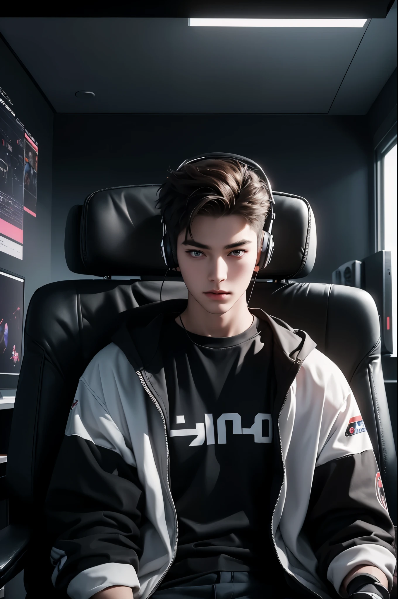 (a man,20 years old, gamer, streamer, anime style:1.1),(best quality,8k,highres,realistic:1.2): Sitting in front of his gaming setup, a young man, with a passion for gaming, wears a stylish headset on his head, creating an immersive experience. The anime-style artistry brings vibrant colors and vivid details to life, enhancing the visual appeal of the scene. high-quality, 8k, highlighting every line and curve. The lighting is perfect, capturing the essence of a gaming streamer's room with studio-like precision. The overall composition is kept simple and minimalist, allowing the focus to be on the character and his gaming setup.