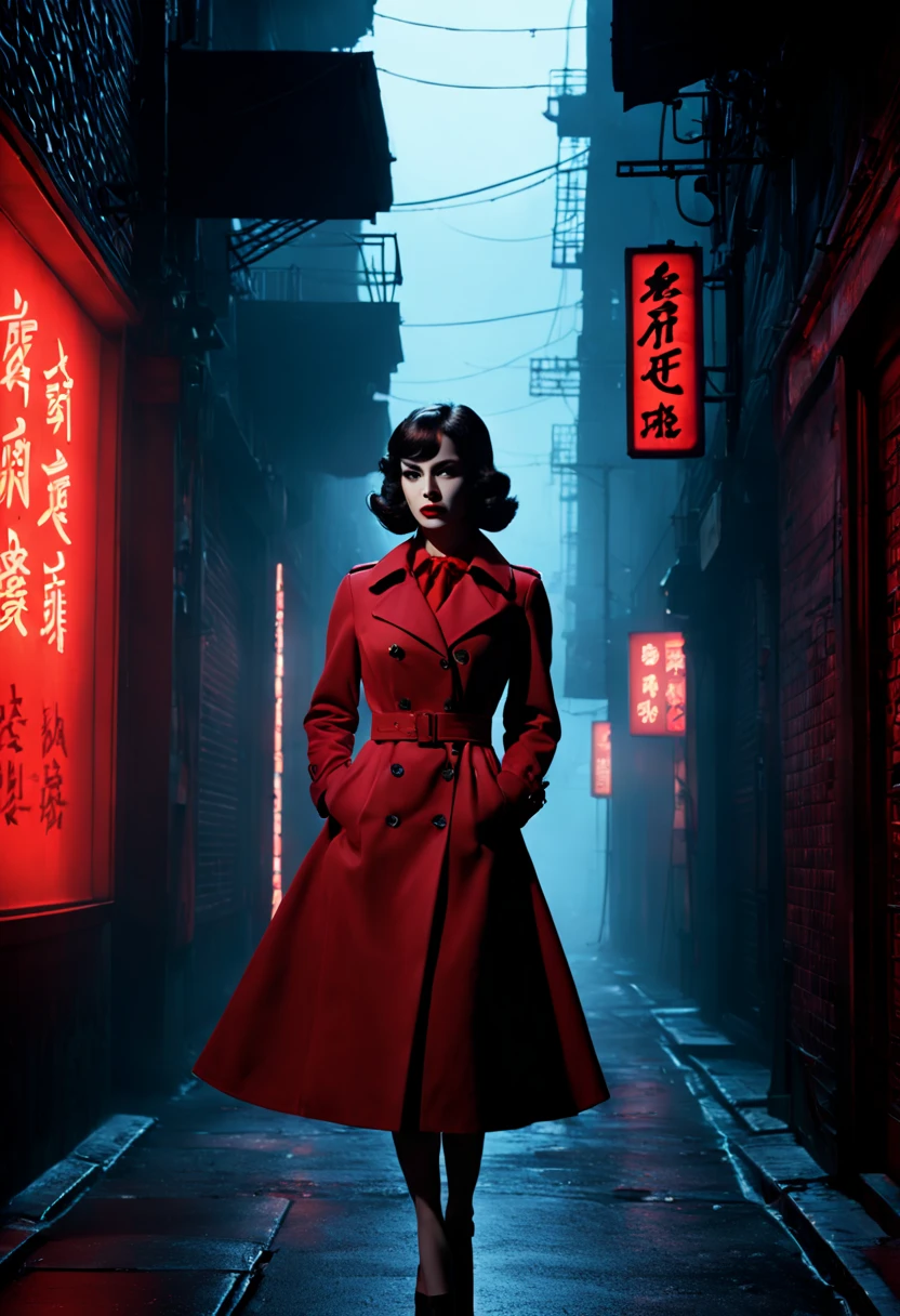 Midnight rendezvous, silhouetted figure of a female secret agent, trench coat, red dress, vintage 1960s style, high contrast lighting, shadowy alley, foggy, neon signs in Japanese and Mandarin, code book in hand, by Ian McQue and John Harris, cinematic composition, 8k, ultra-realistic, noir aesthetic, suspenseful atmosphere