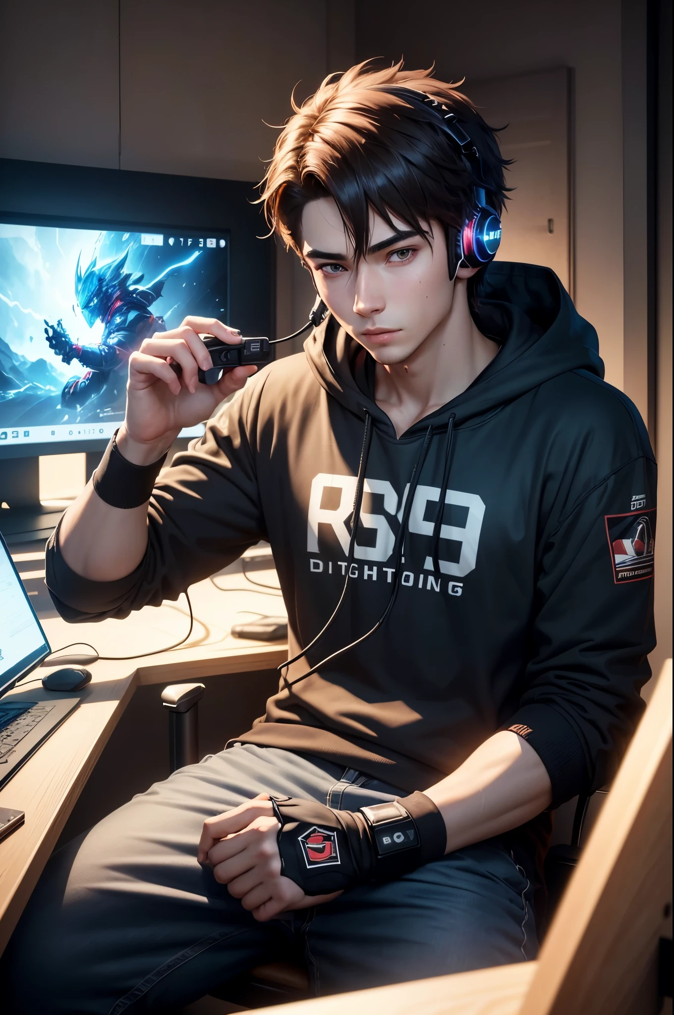(a man,20 years old, gamer, streamer, anime style:1.1),(best quality,8k,highres,realistic:1.2): Sitting in front of his gaming setup, a young man, with a passion for gaming, wears a stylish headset on his head, creating an immersive experience. The anime-style artistry brings vibrant colors and vivid details to life, enhancing the visual appeal of the scene. high-quality, 8k, highlighting every line and curve. The lighting is perfect, capturing the essence of a gaming streamer's room with studio-like precision. The overall composition is kept simple and minimalist, allowing the focus to be on the character and his gaming setup.