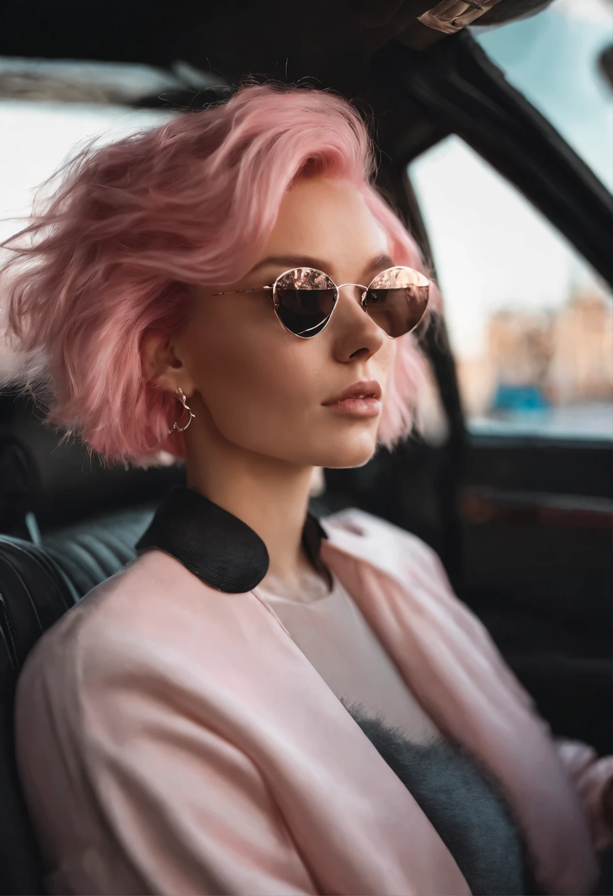 arafed woman with pink hair sitting in a car, with pink hair, pink wispy hair, pink hair, sydney sweeney, light pink hair, cute girl with short pink hair, short pink hair, flowing pink hair, anna nikonova aka newmilky, pink hue, pastel pink skin tone, pink short hair, anastasia ovchinnikova
