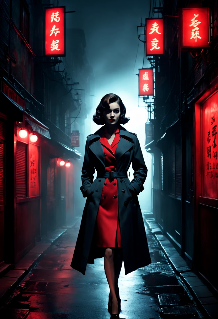 Midnight rendezvous, silhouetted figure of a female secret agent, trench coat, red dress, vintage 1960s style, high contrast lighting, shadowy alley, foggy, neon signs in Japanese and Mandarin, code book in hand, by Ian McQue and John Harris, cinematic composition, 8k, ultra-realistic, noir aesthetic, suspenseful atmosphere