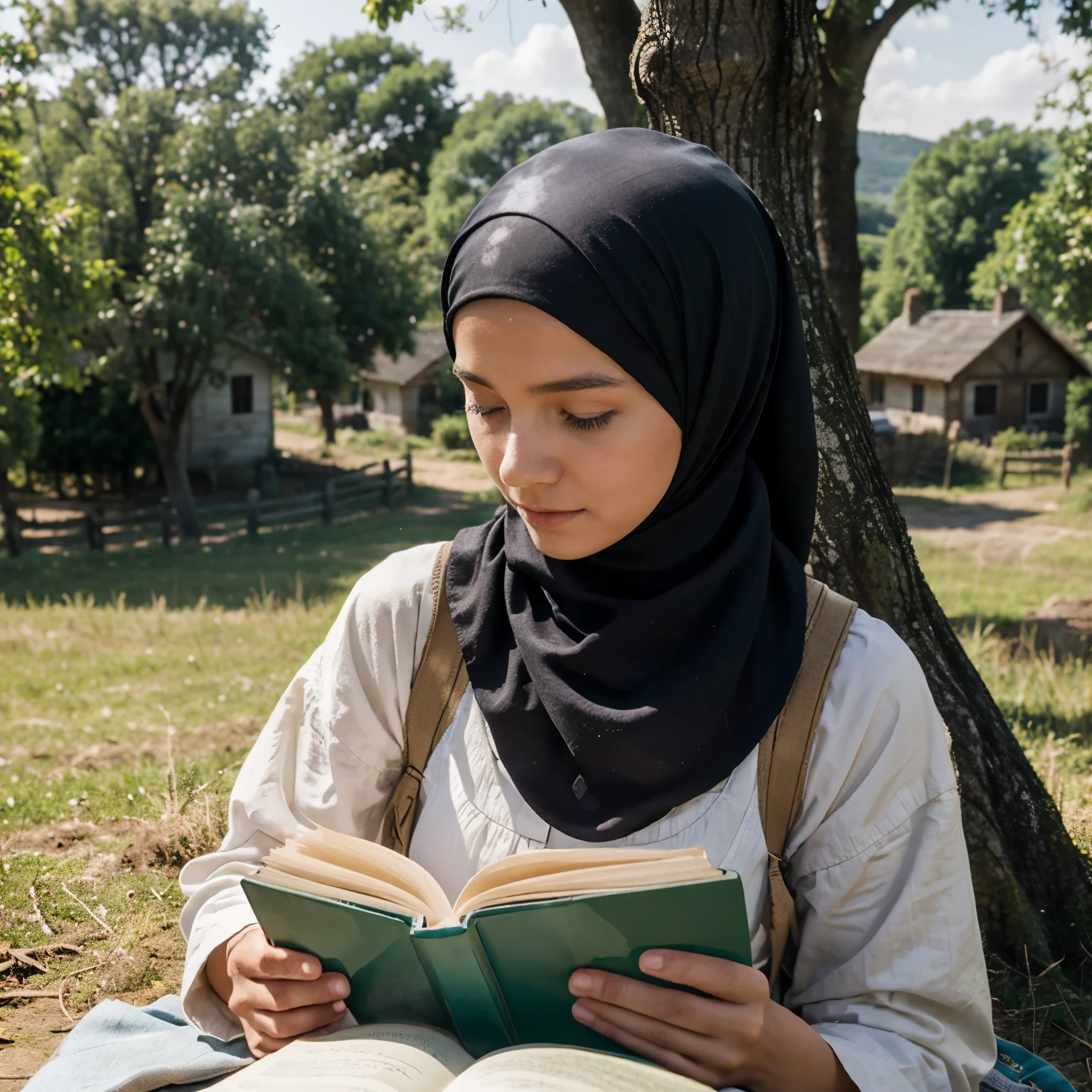 Create a picture of rural villages and a young girl wearing a modest headscarf and reading a book under a tree at the top of a hill 