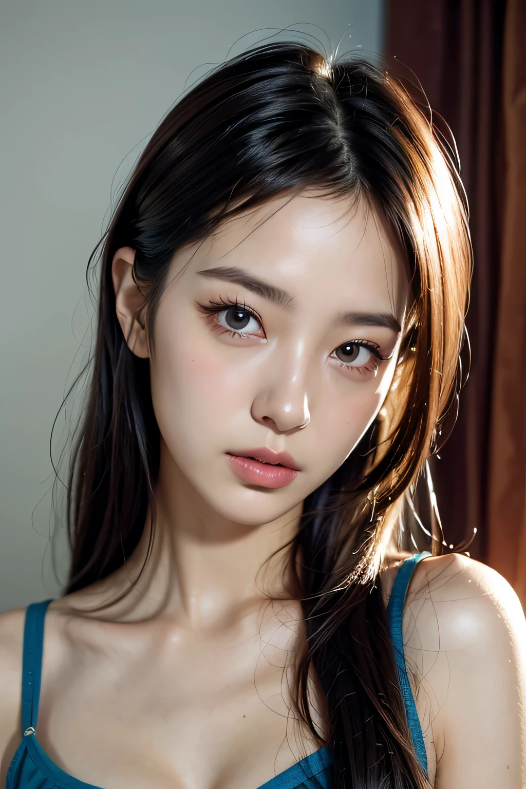 8k、High resolution、punk fashion、beautiful girl、Android Body、young、white skin,、narrow eyes,high nose,lighting that illuminates the face、clear image、intellectual beauty、skinny、no makeup、anxious look、lighting that illuminates the face,shining hair、single eyelid,blue eyes