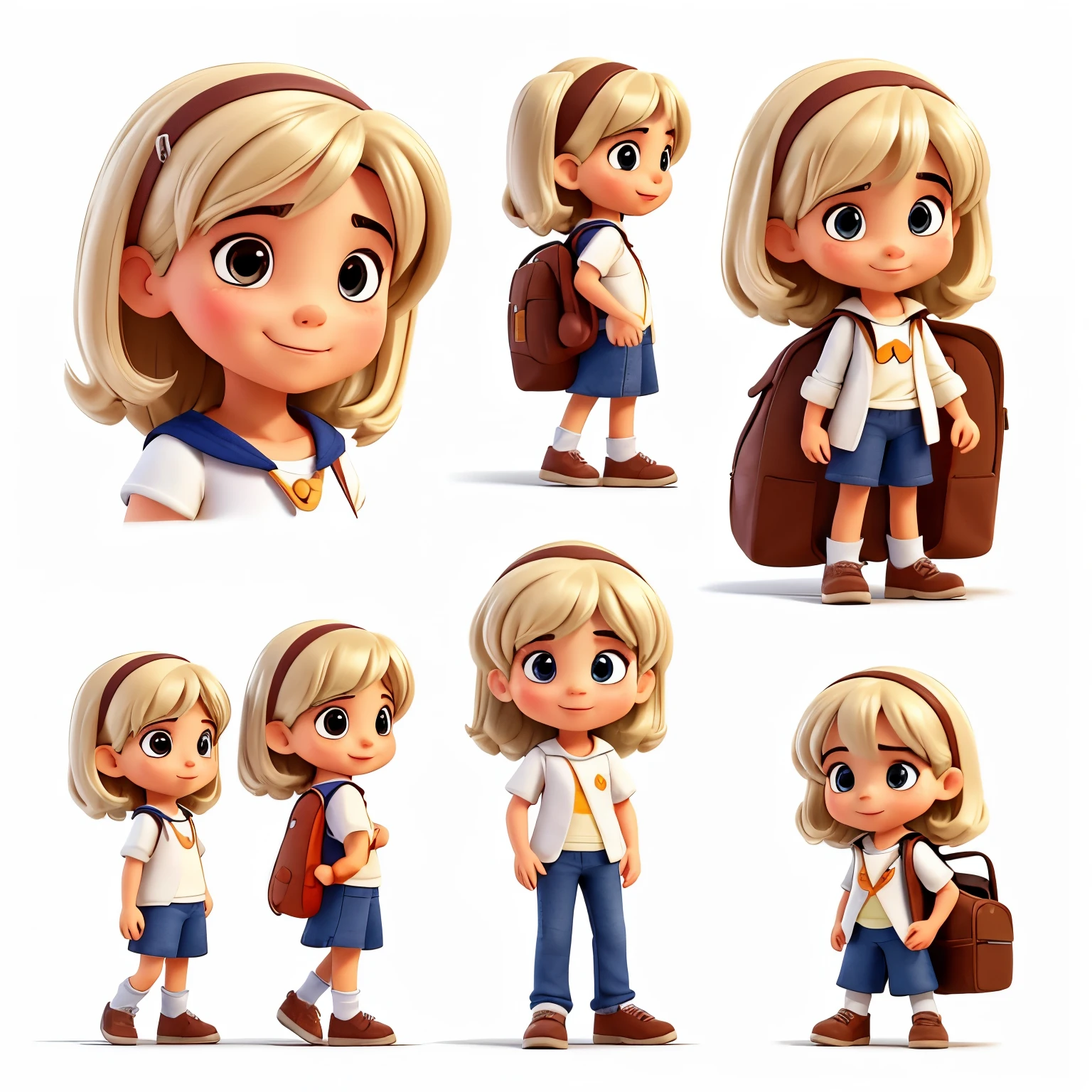 Uma de 6 anos de idade, various different poses and expressions on white background, book illustration style . Fofa, alegre, sem mochila, com botinha e cabelo loiro