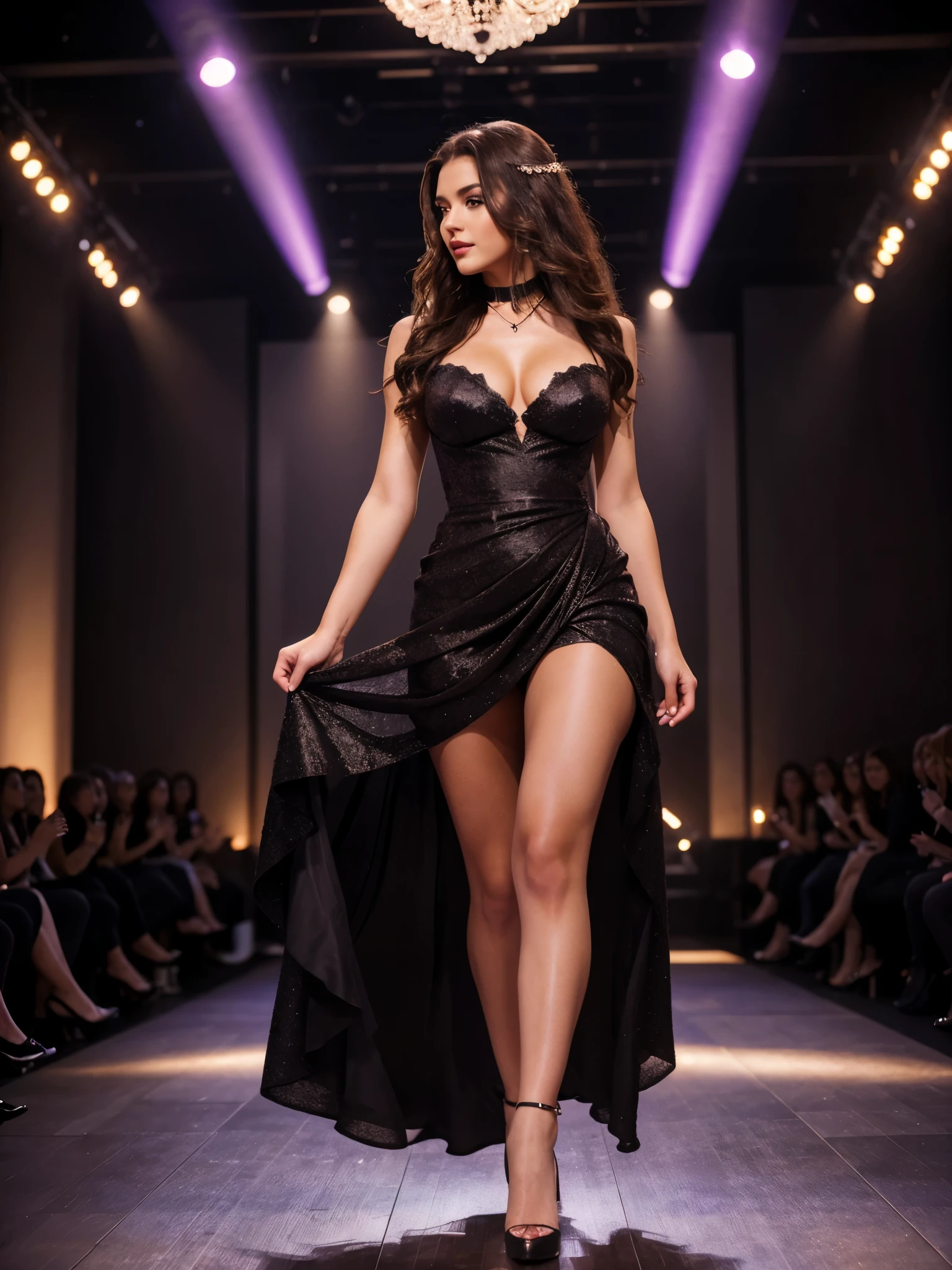 21 years old young woman with dark brown hair, hyperdetailed face,（Look into the distance），Long hair micro-curls，（Windswept hair，Messy has layers），Flaming red lips，Fair smooth skin，（Best Skin Type：1.21），medium breasts，（Luxurious haute couture dresses，Purple dress，shift dresses，wedding gown，choker necklace，high-heels, fashion show，（neonlight，The audience in the audience，The model behind him，Various lights），Stage performanceasterpiece1.3，（（Hasselblad photograp）），（Vista view of the catwalk，Full body photo），（The picture is subtle and elegant），8k resolution， physically-based renderingt，Dynamic Angle，Dynamic pose，Floating feeling，dynamic lighting，Exquisite stage details，Detailed face，The picture is pure，perfect hand，Perfect posture，Ultra-fine makeup，Ultra-fine clothing material